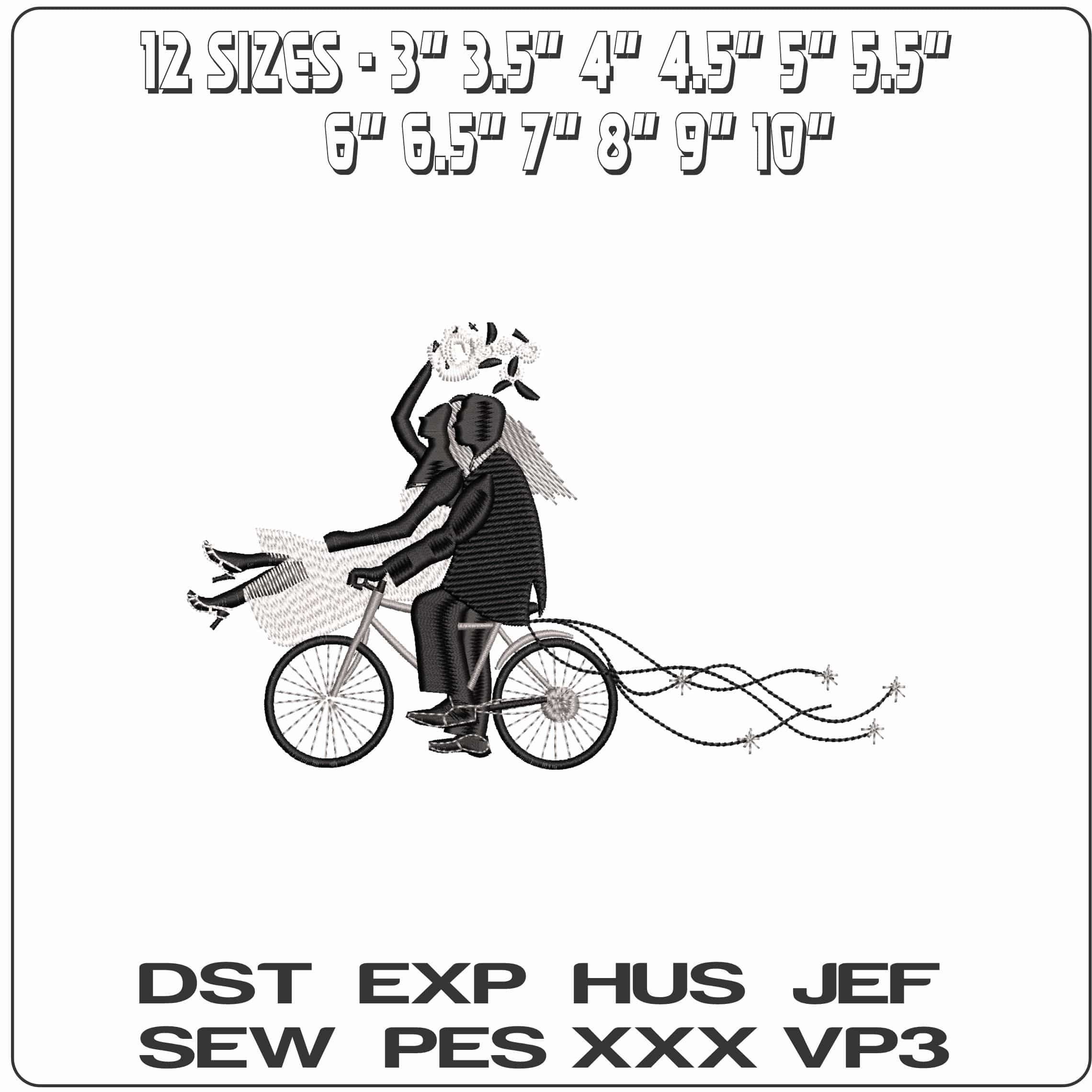 Bride and Groom on Bike - Elegant embroidery design file - instant download — view 2