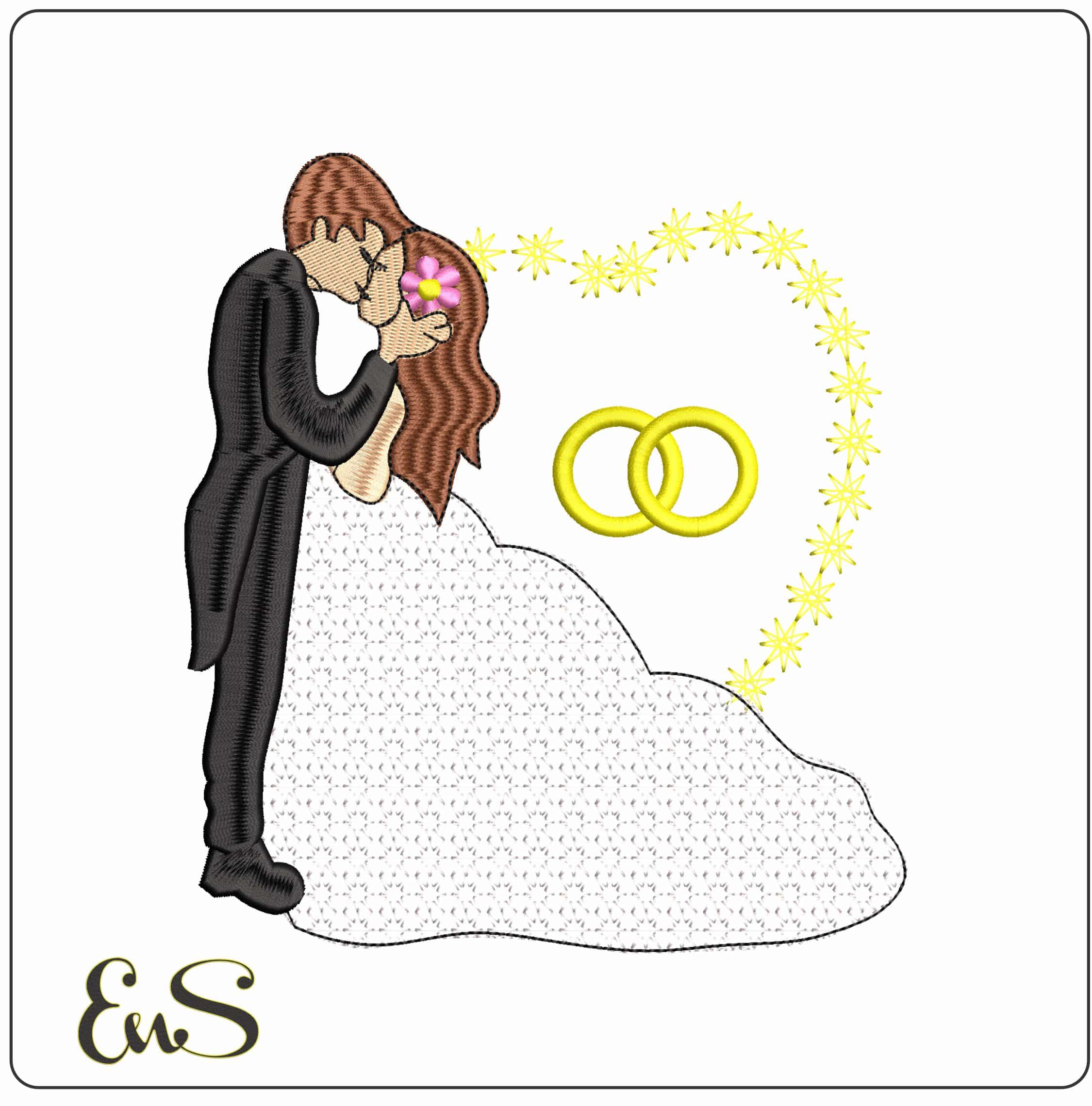 Bride and Groom with Rings - Elegant embroidery design file - instant download