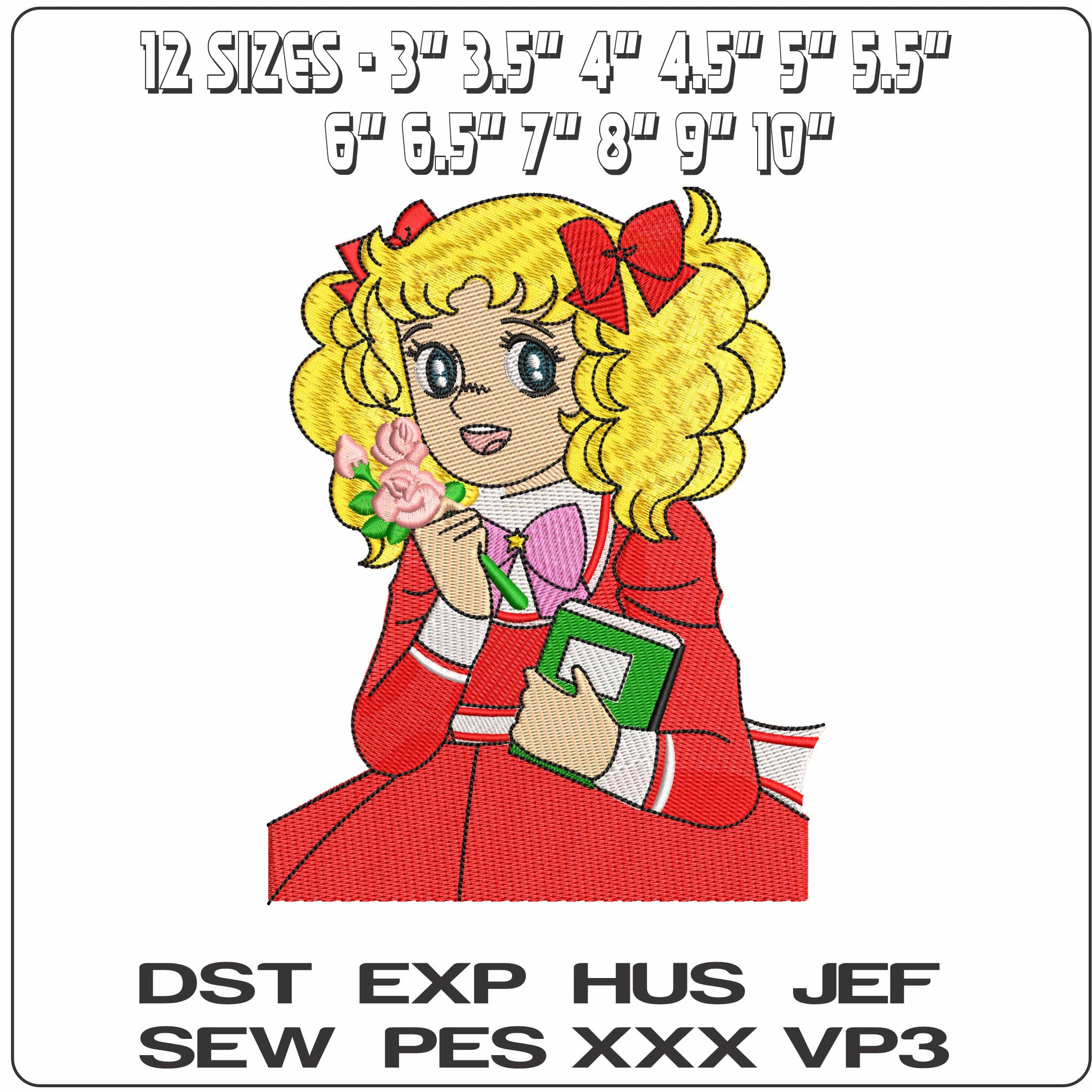 Candy Candy with Flowers and Book Anime - Elegant embroidery design file - instant download — view 2