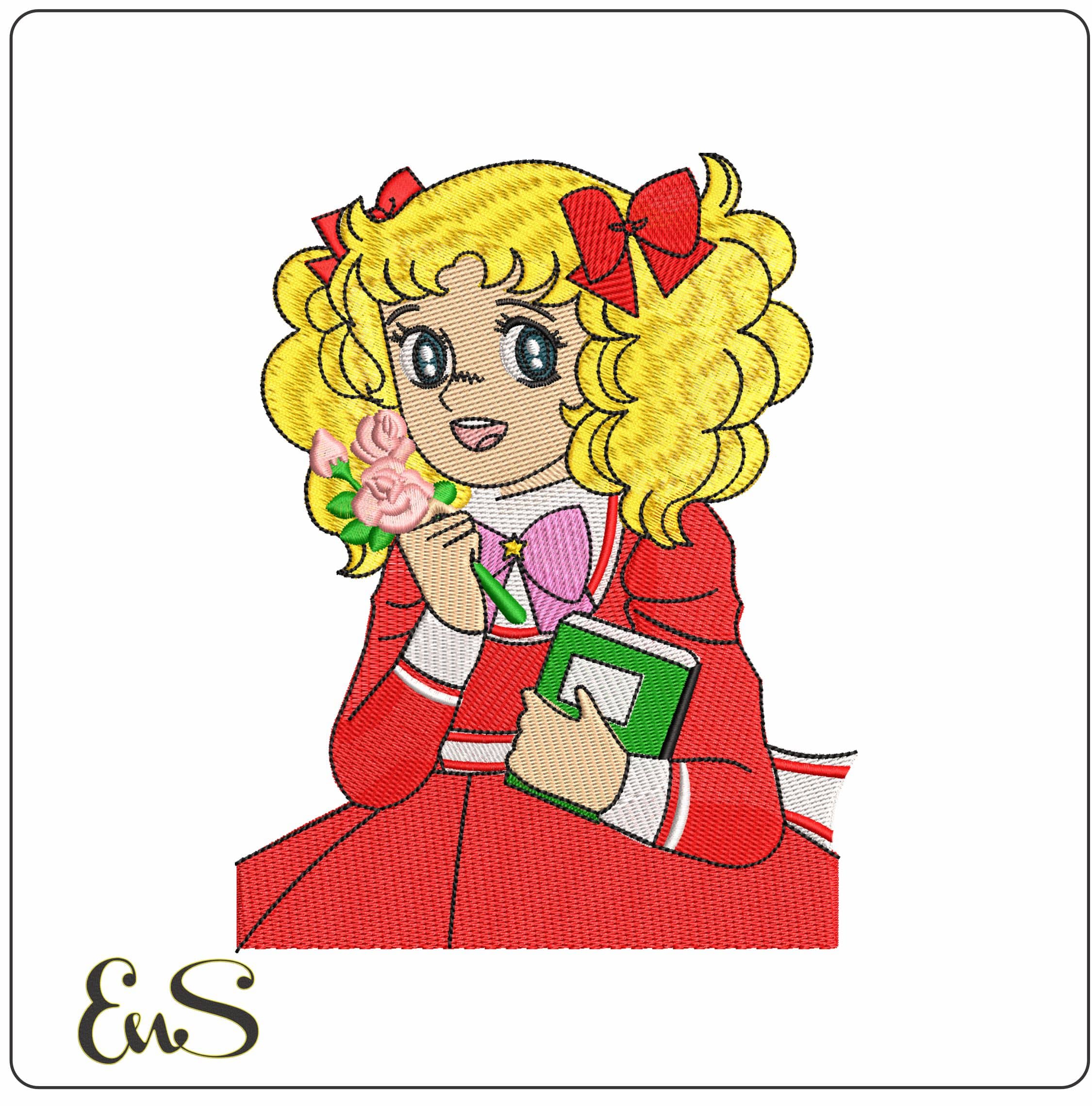 Candy Candy with Flowers and Book Anime - Elegant embroidery design file - instant download