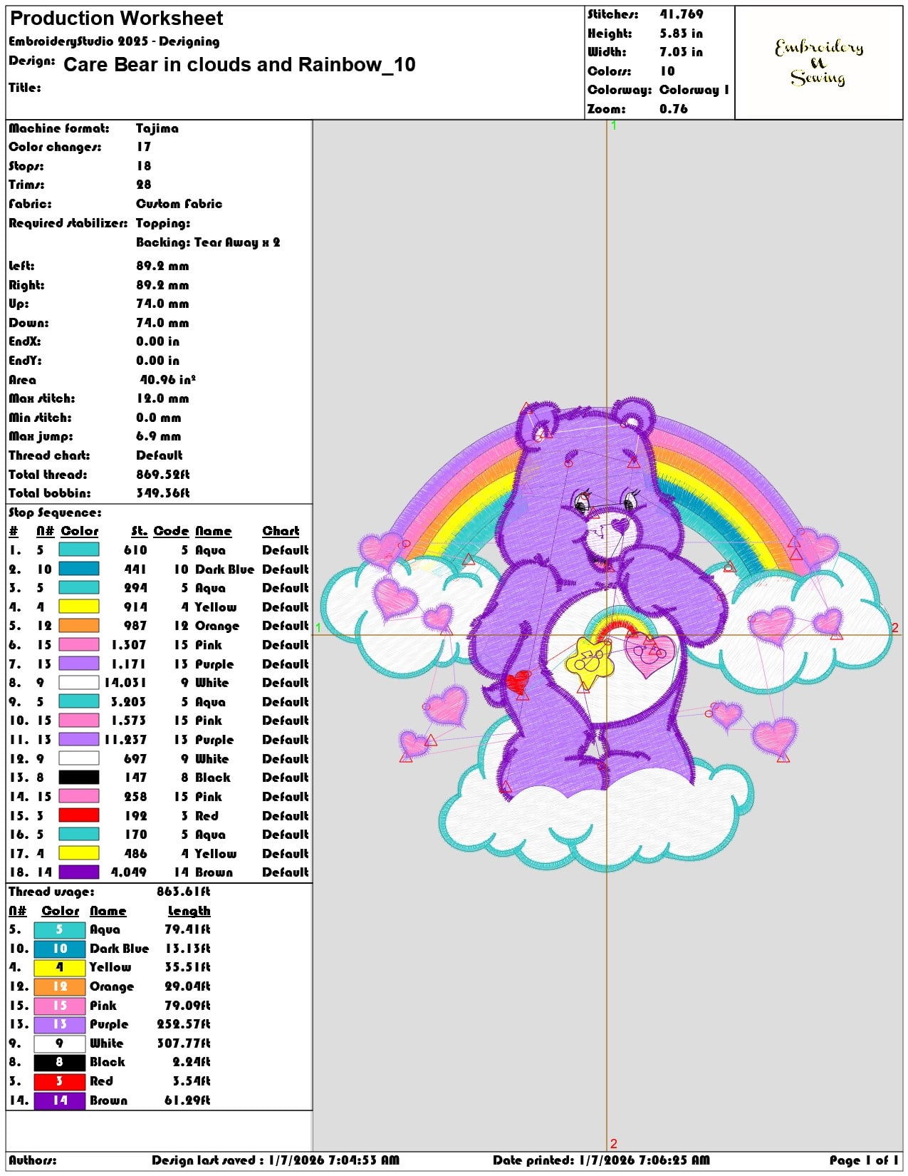Care Bear in clouds and Rainbow - Elegant embroidery design file - instant download — view 3