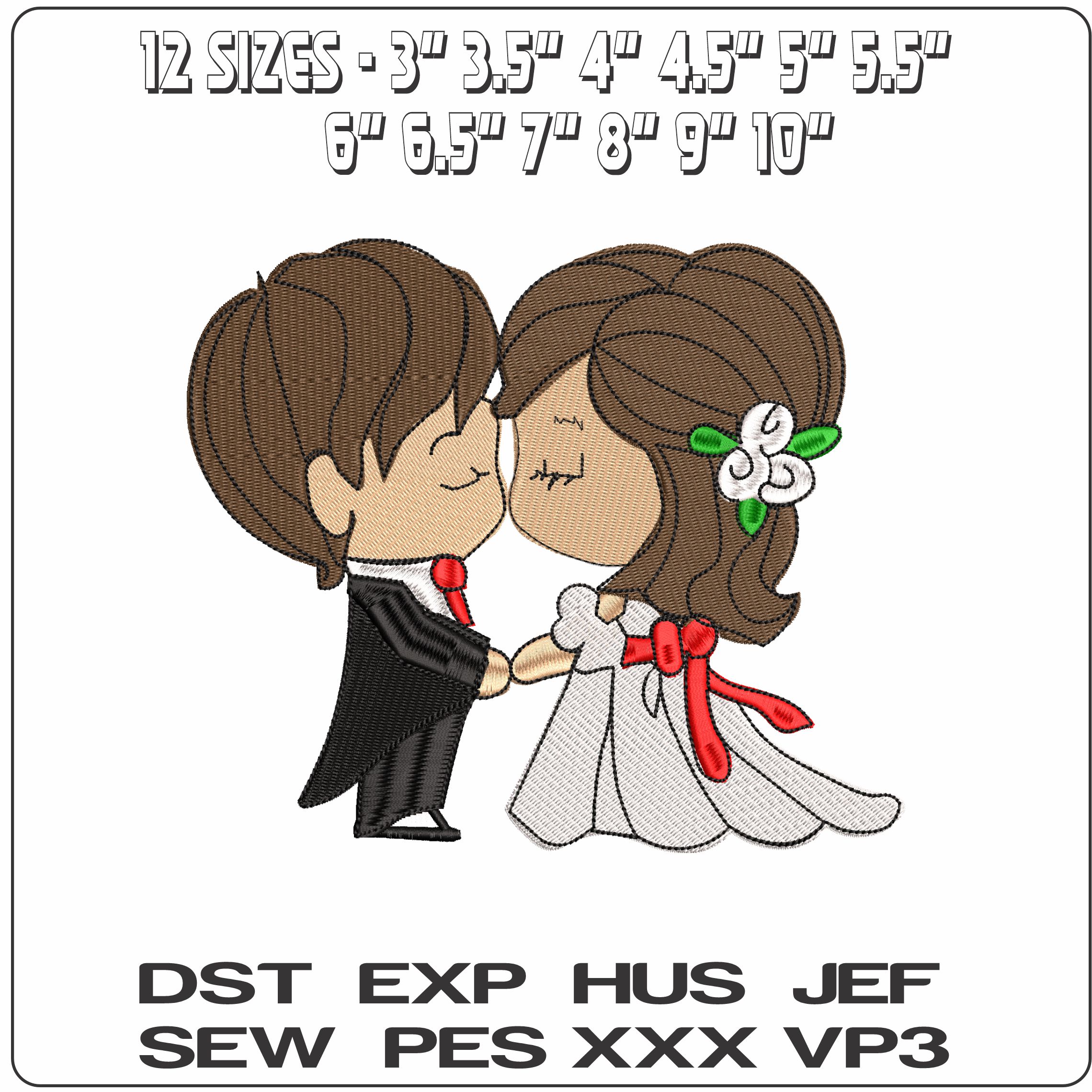 Cartoon Bride and Groom - Elegant embroidery design file - instant download — view 2