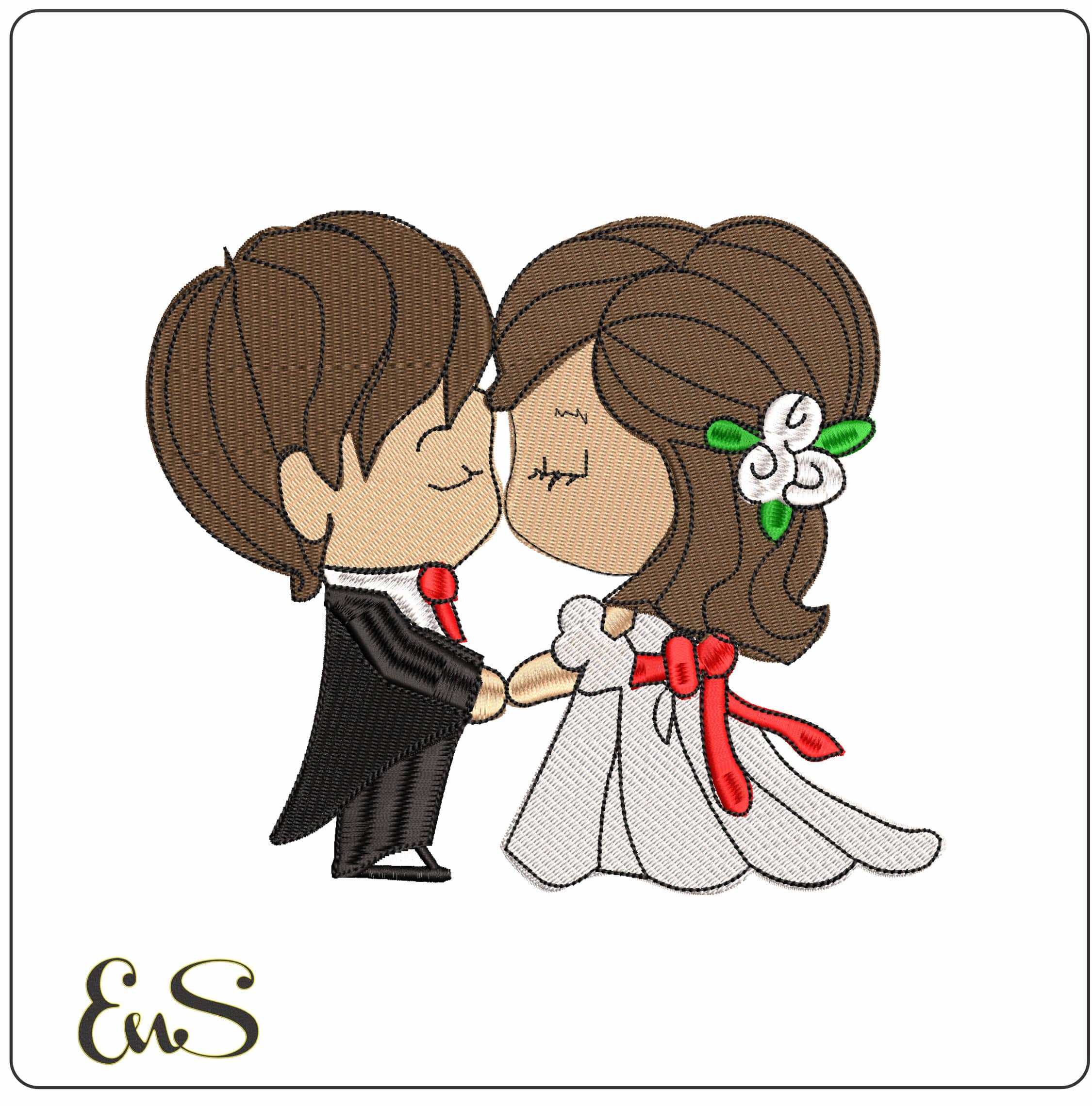 Cartoon Bride and Groom - Elegant embroidery design file - instant download