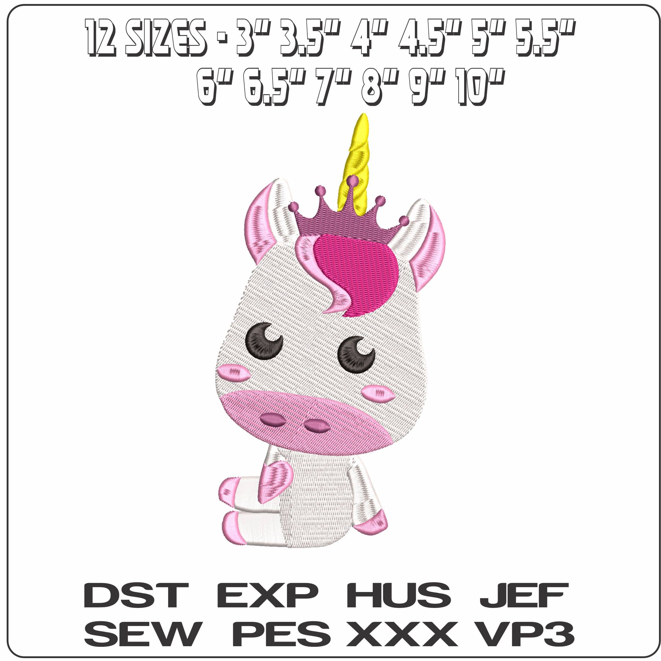 Cartoon Unicorn sitting with Crown on - Elegant embroidery design file - instant download — view 2