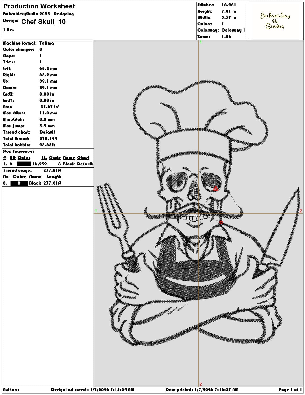 Chef Skull - Elegant embroidery design file - instant download — view 3