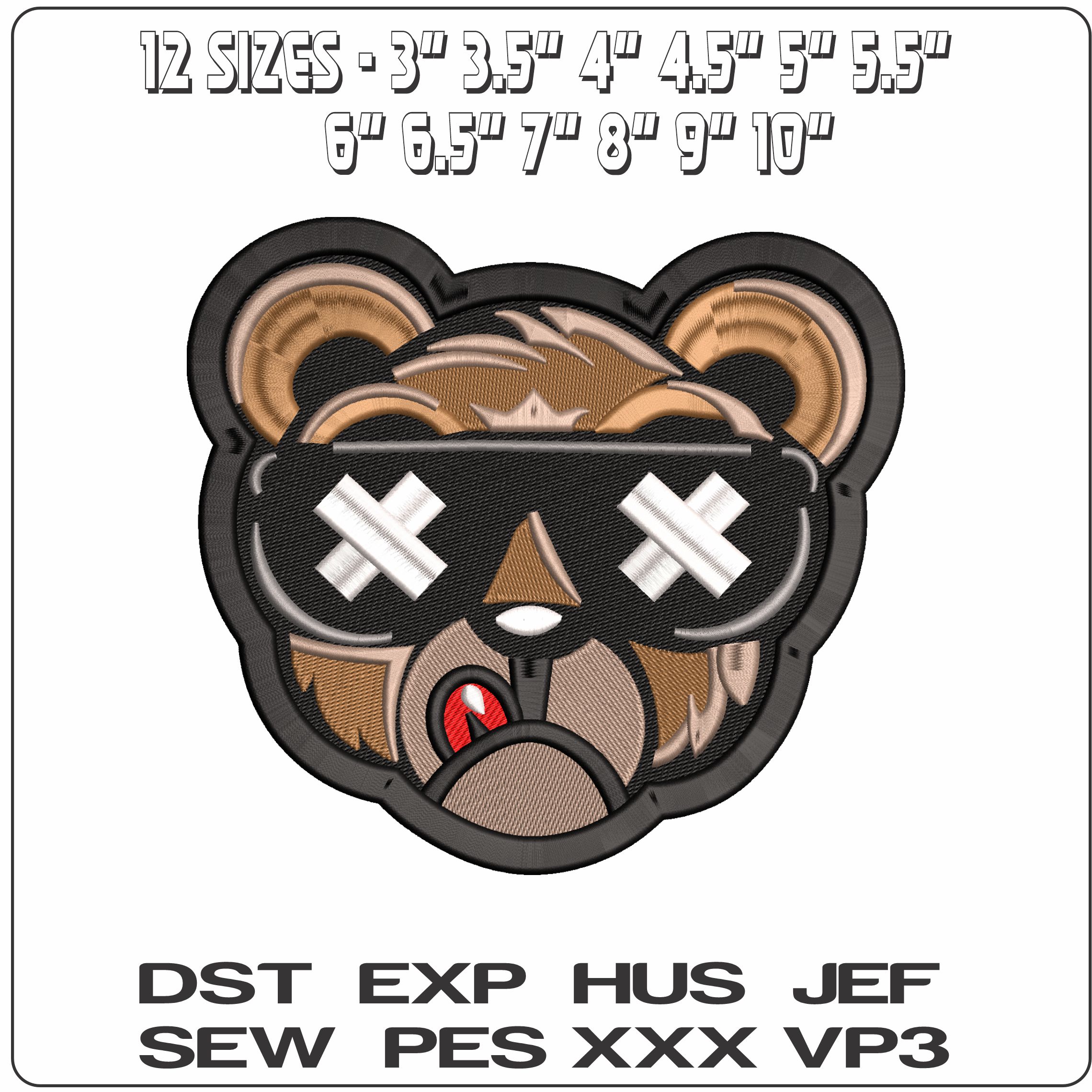 Cool Bear with Glasses X X Eyes - Elegant embroidery design file - instant download — view 2