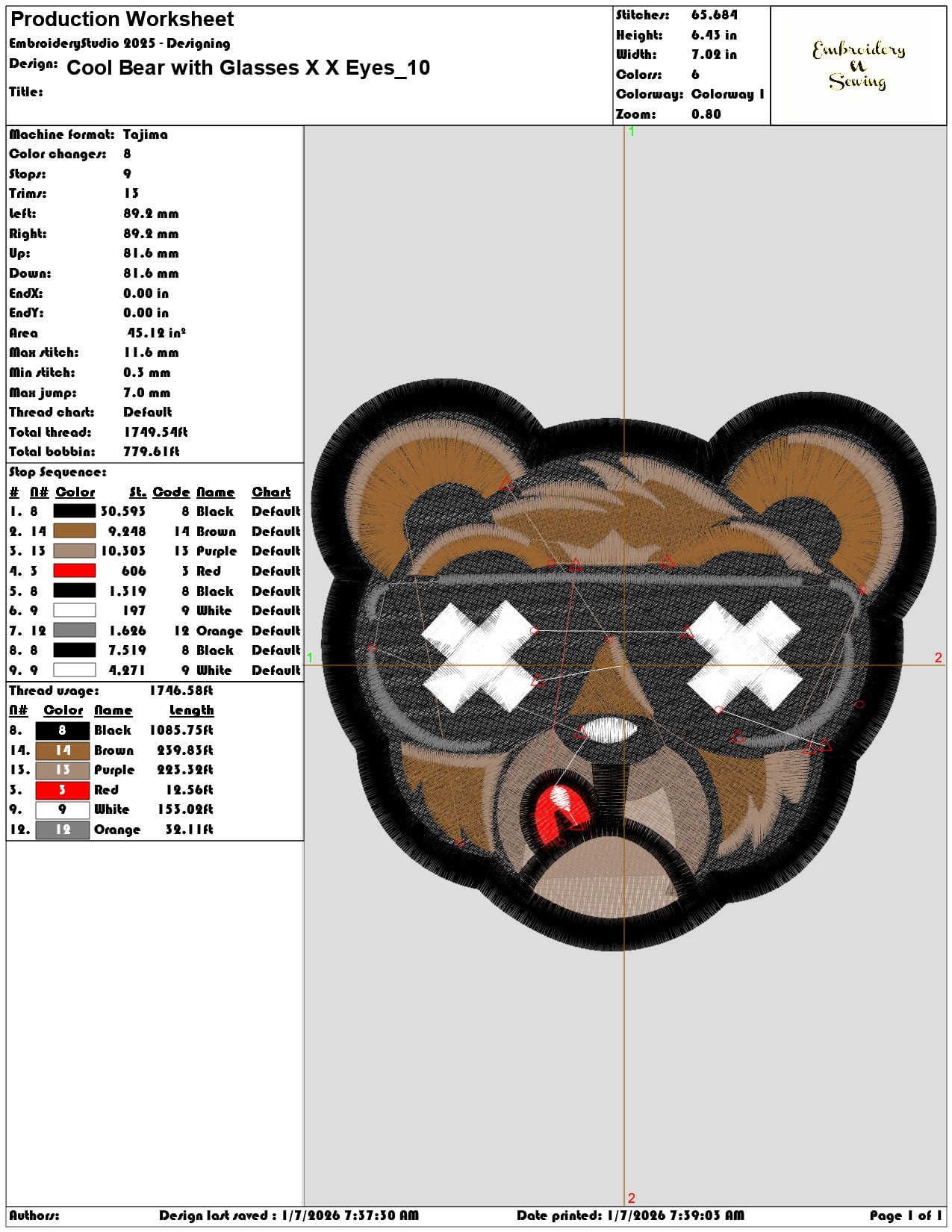 Cool Bear with Glasses X X Eyes - Elegant embroidery design file - instant download — view 3