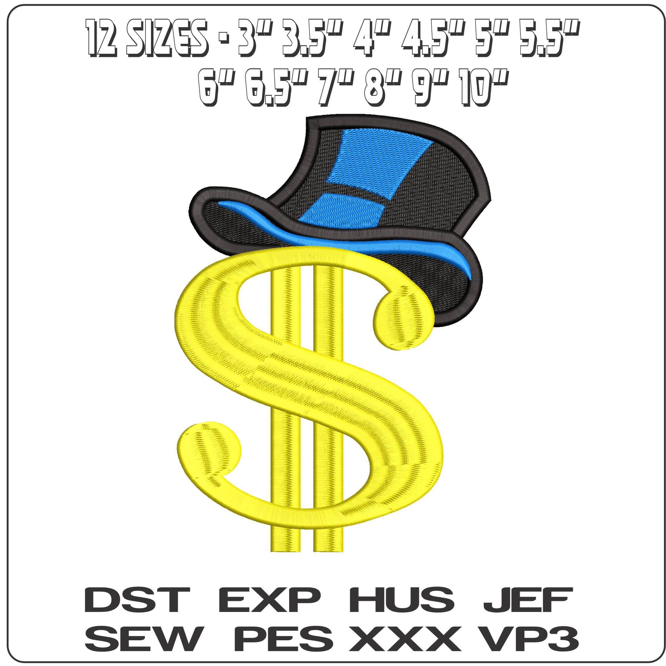 Don Dollar with Top Hat - Elegant embroidery design file - instant download — view 2