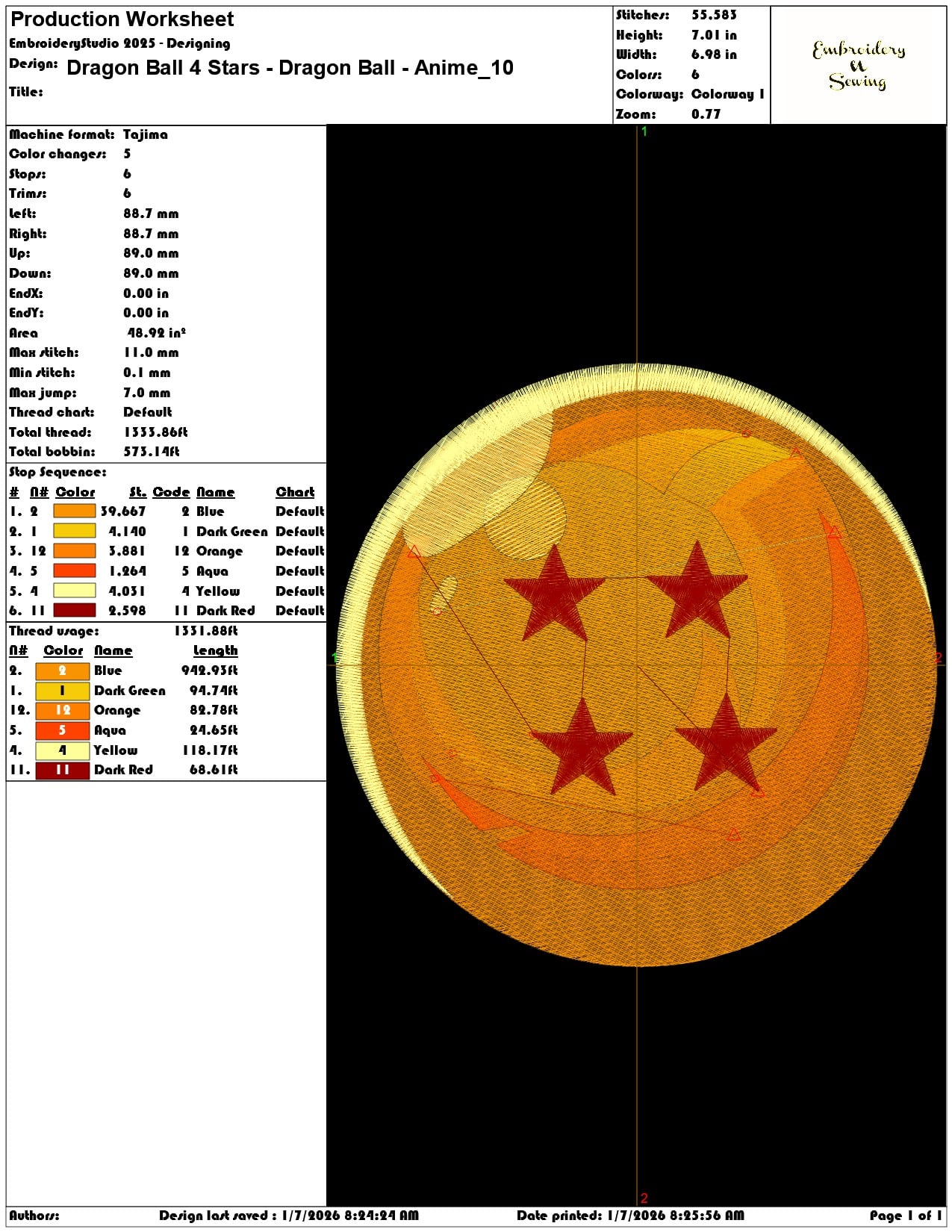 Dragon Ball 4 Stars Dragon Ball Anime - Elegant embroidery design file - instant download — view 3