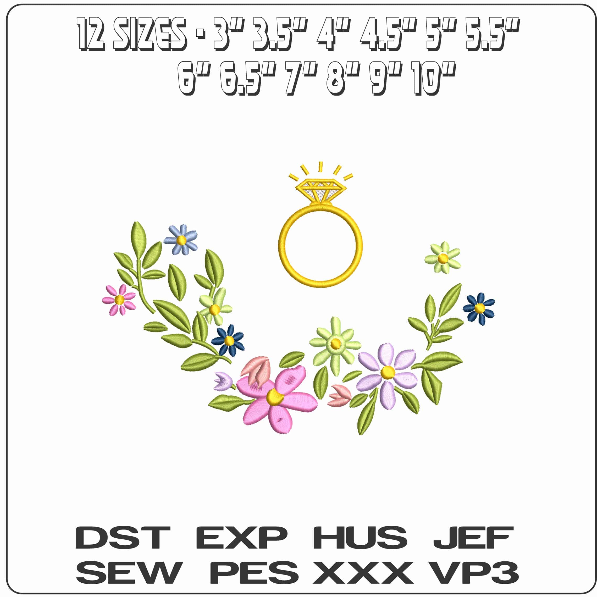 Flowers and Diamond Ring - Elegant embroidery design file - instant download — view 2