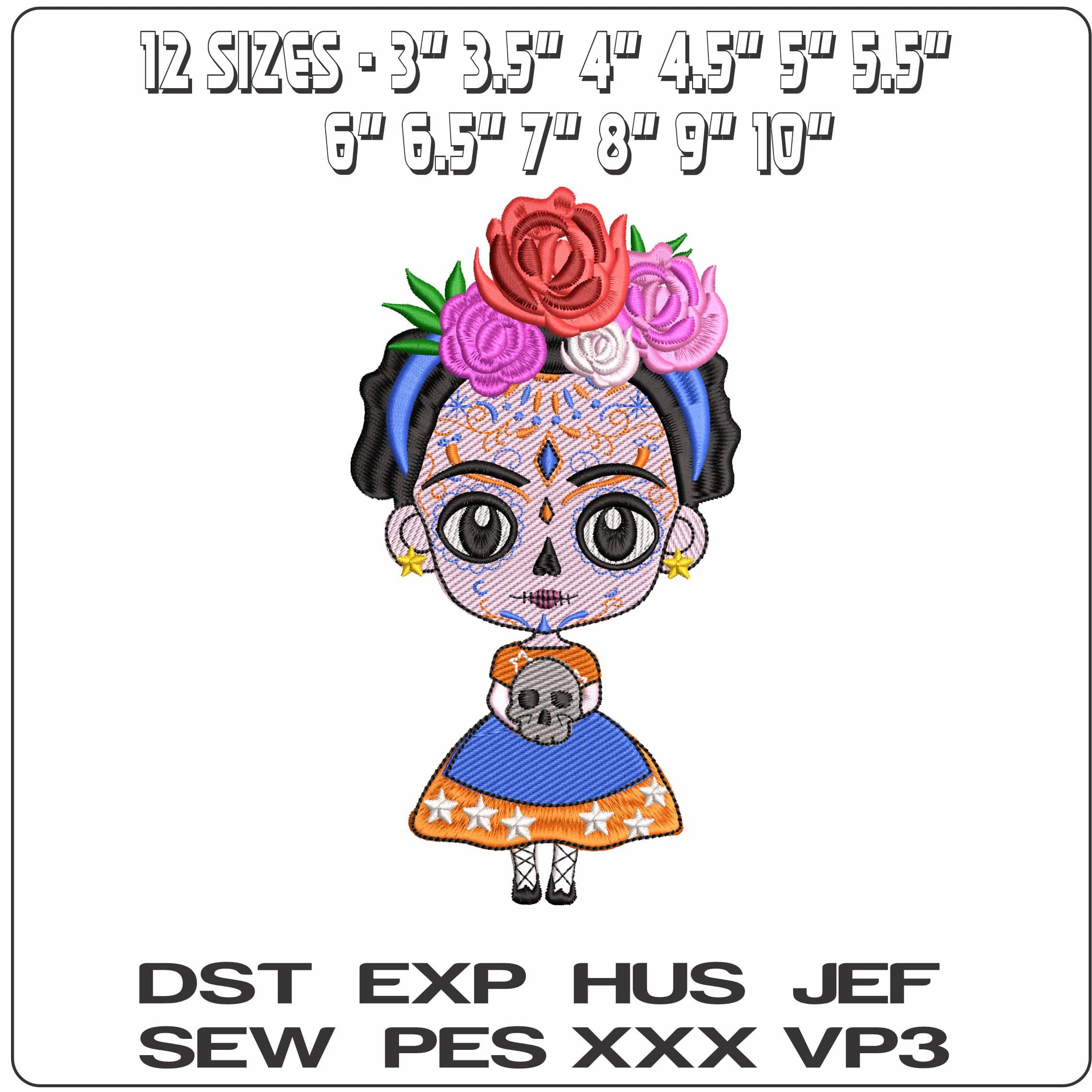 Frida Catrina as Day of Dead - Elegant embroidery design file - instant download — view 2