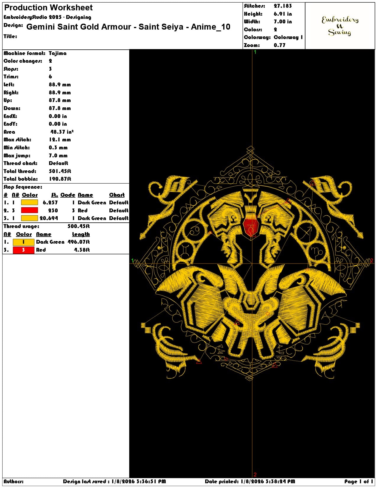 Gemini Saint Gold Armour Saint Seiya Anime - Elegant embroidery design file - instant download — view 3