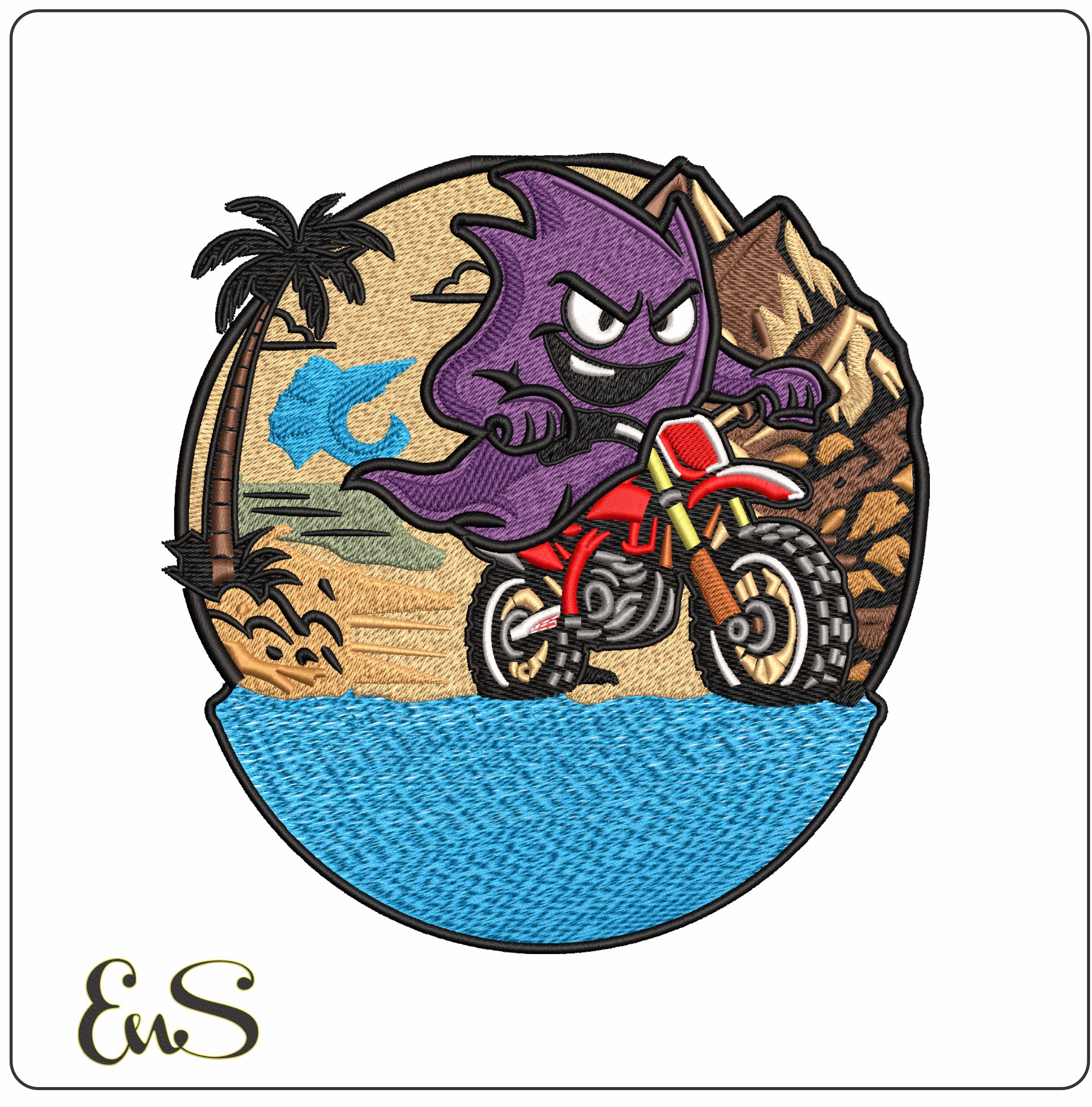 Ghost Riding Motobike Mountains and Sea - Elegant embroidery design file - instant download