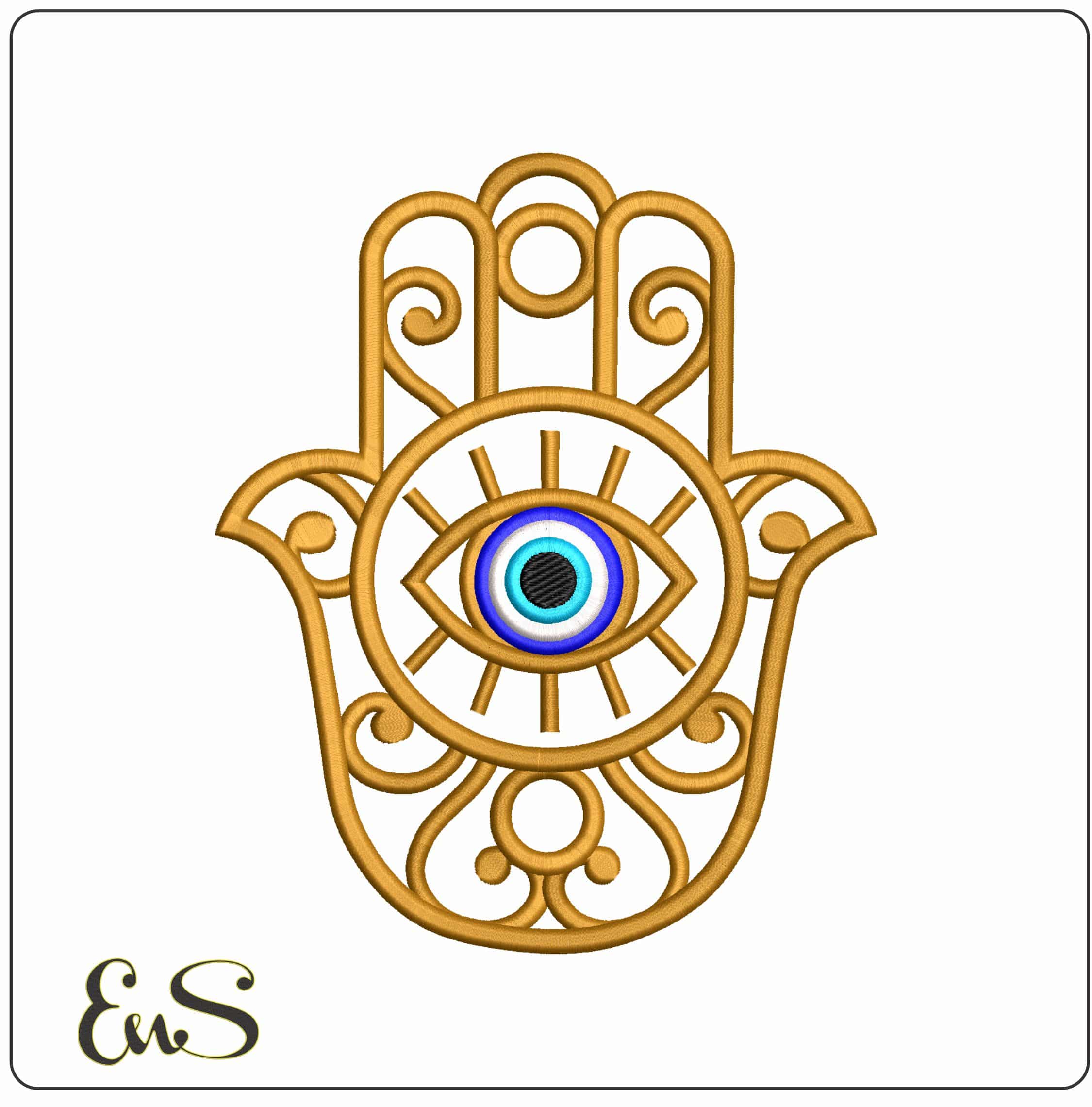 Gold with Color Eye Hamsa Hand - Elegant embroidery design file - instant download