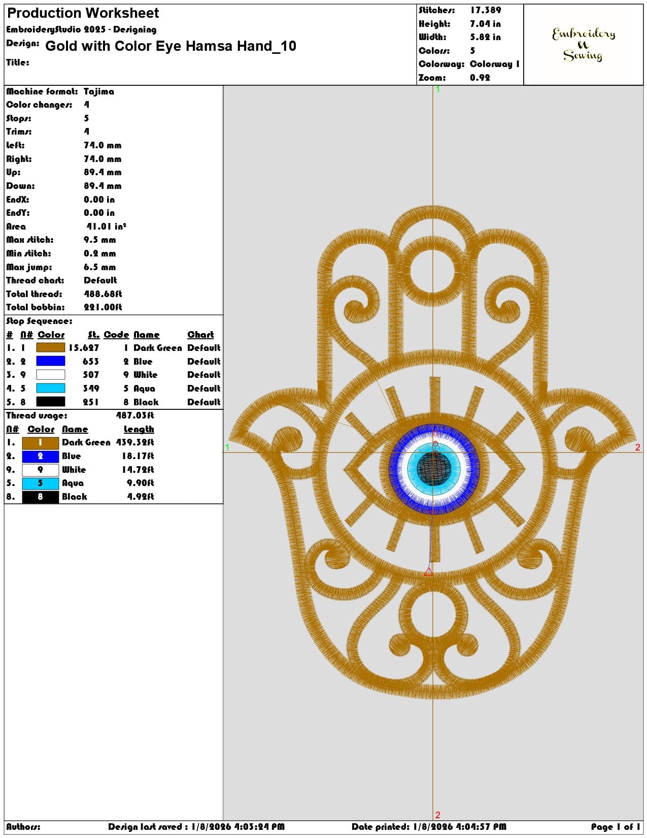 Gold with Color Eye Hamsa Hand - Elegant embroidery design file - instant download — view 3