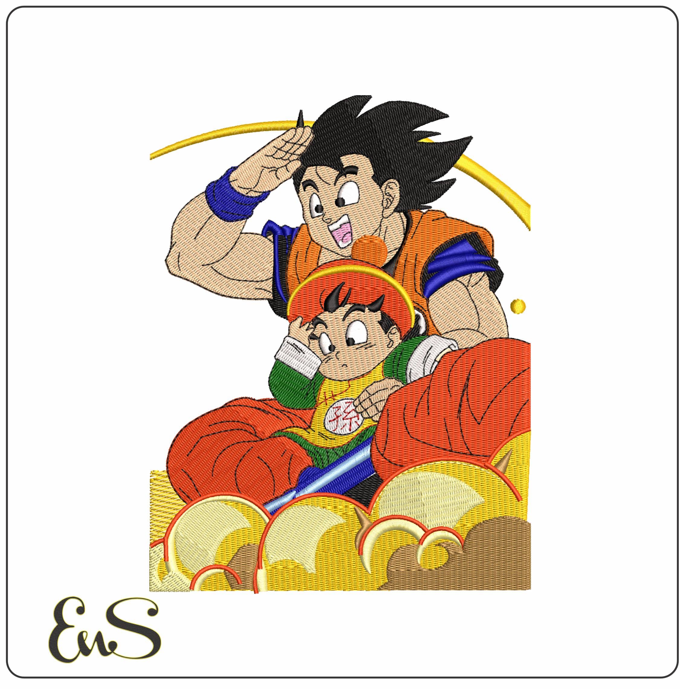 Goku and Gohan in Clouds Flying Dragon Ball Anime - Elegant embroidery design file - instant download