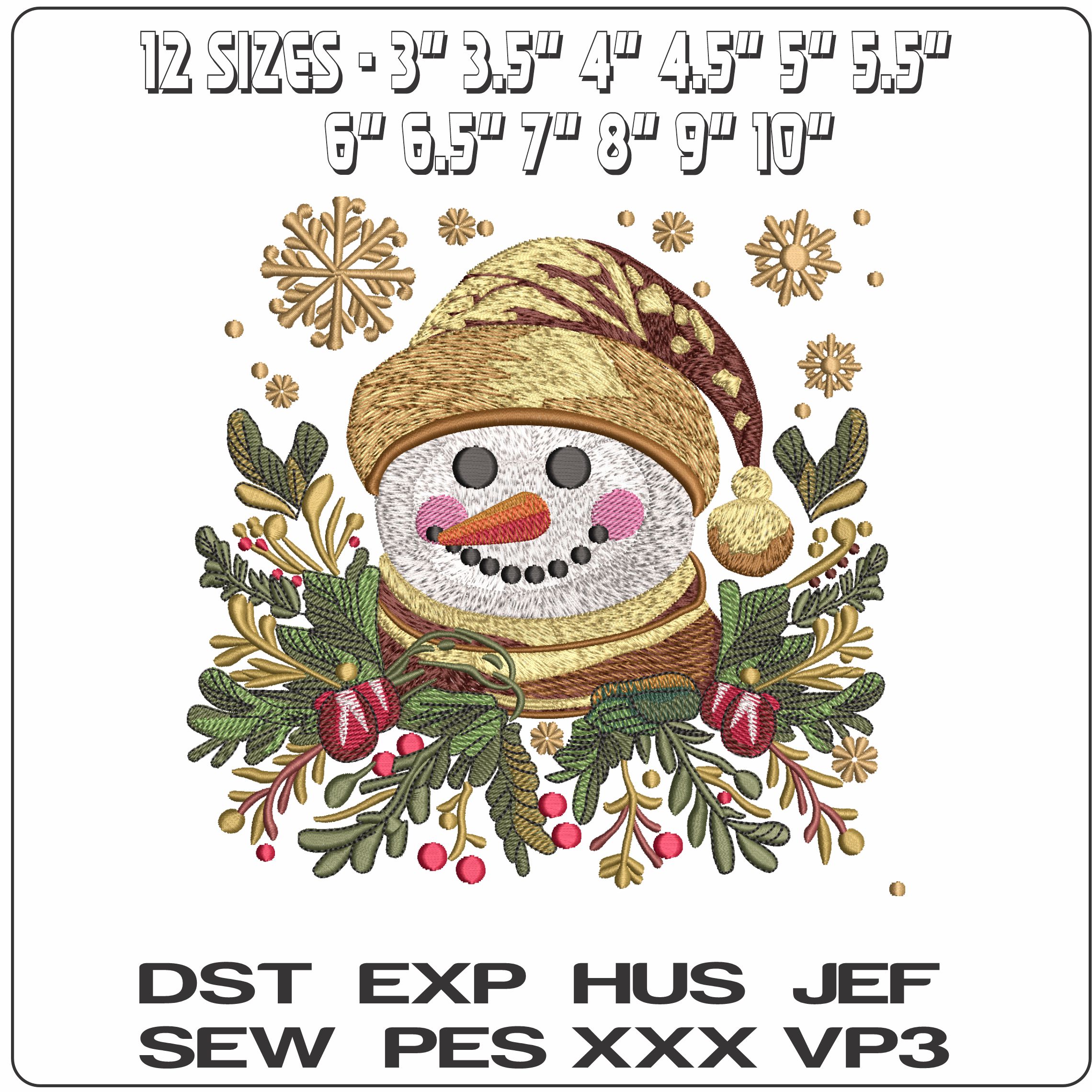Golden Snowman Head with Berries - Elegant embroidery design file - instant download — view 2