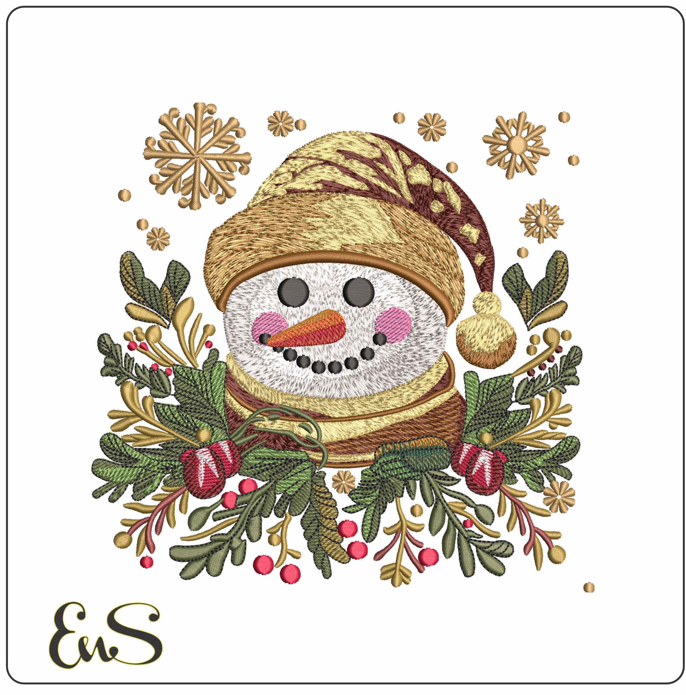 Golden Snowman Head with Berries - Elegant embroidery design file - instant download