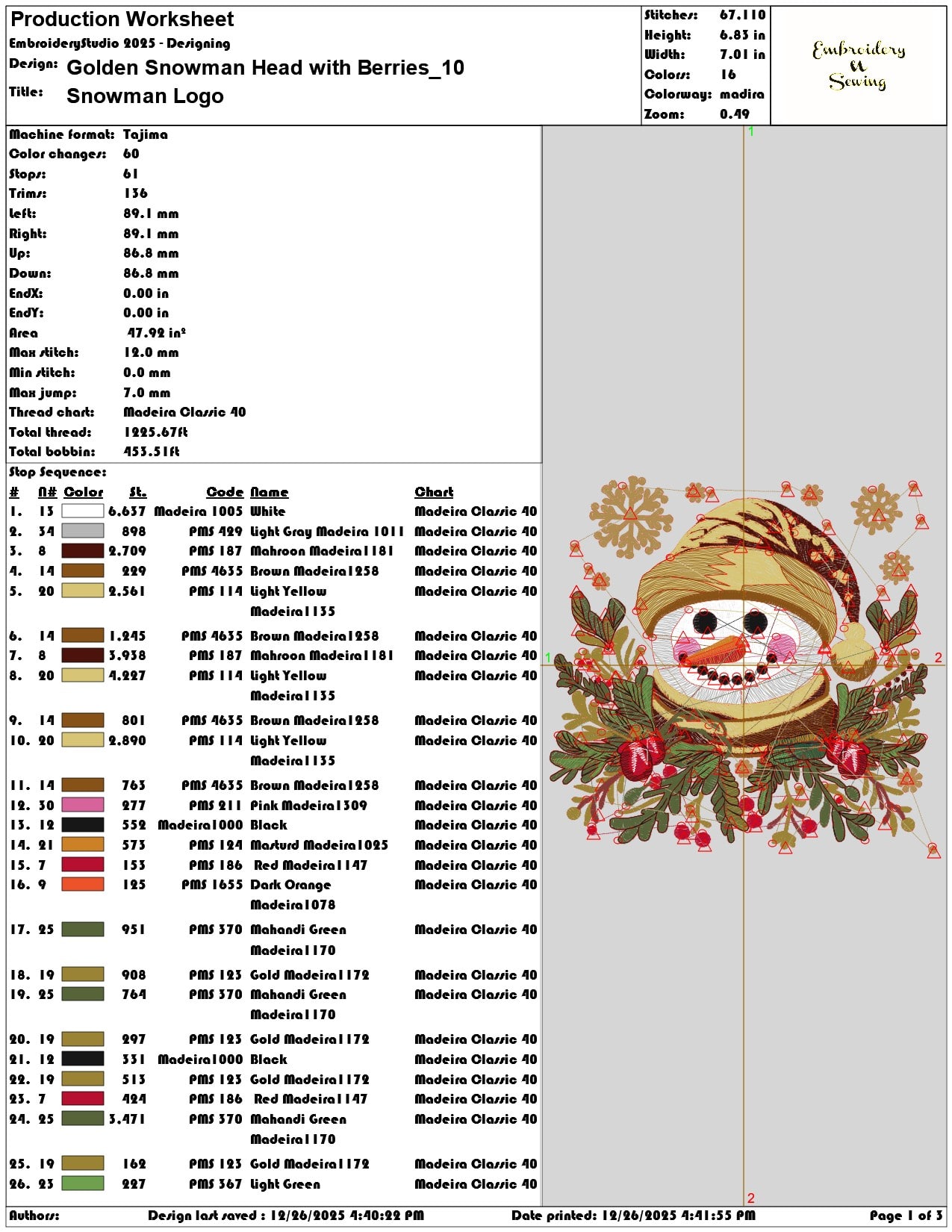 Golden Snowman Head with Berries - Elegant embroidery design file - instant download — view 3