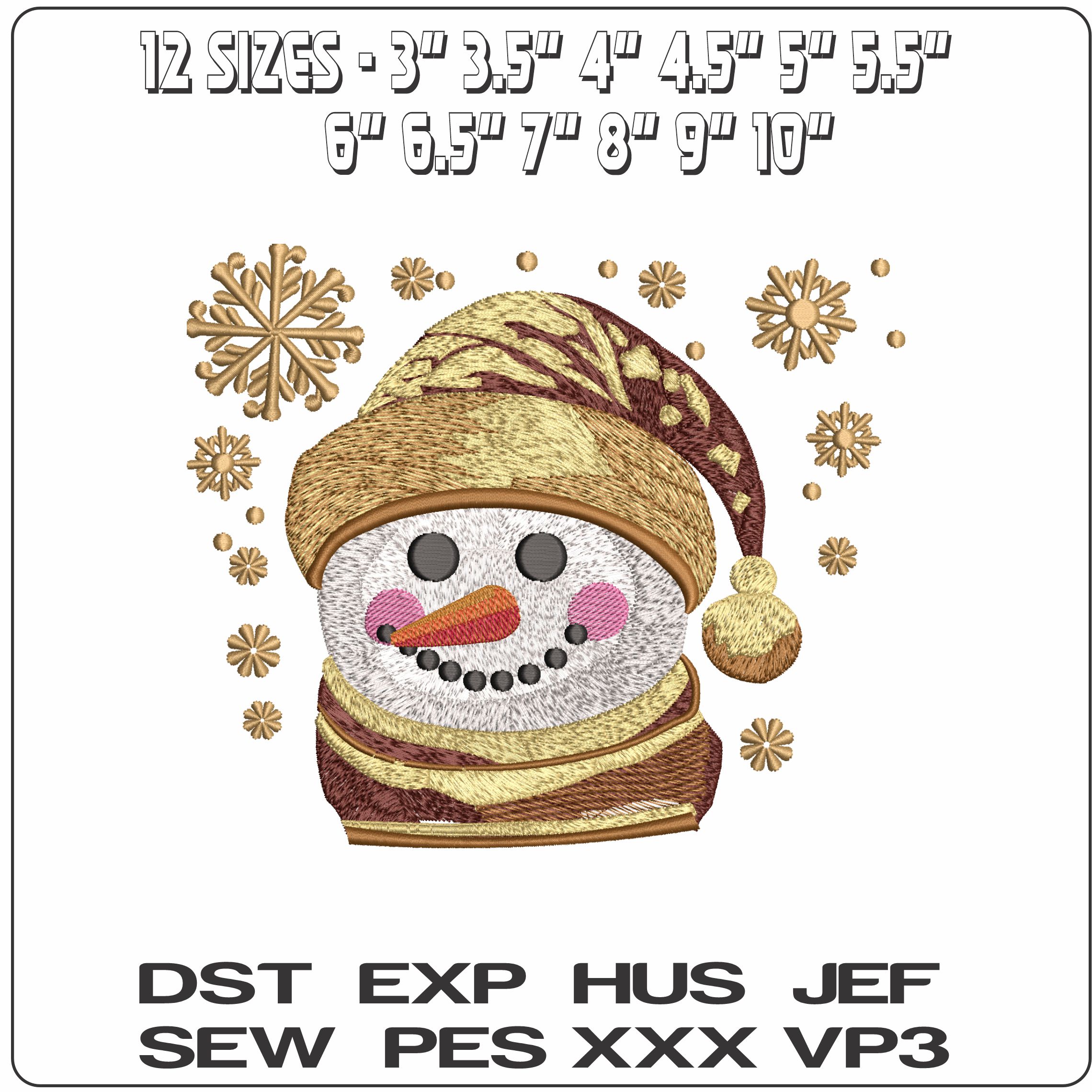 Golden Snowman Head with Snow Flakes - Elegant embroidery design file - instant download — view 2
