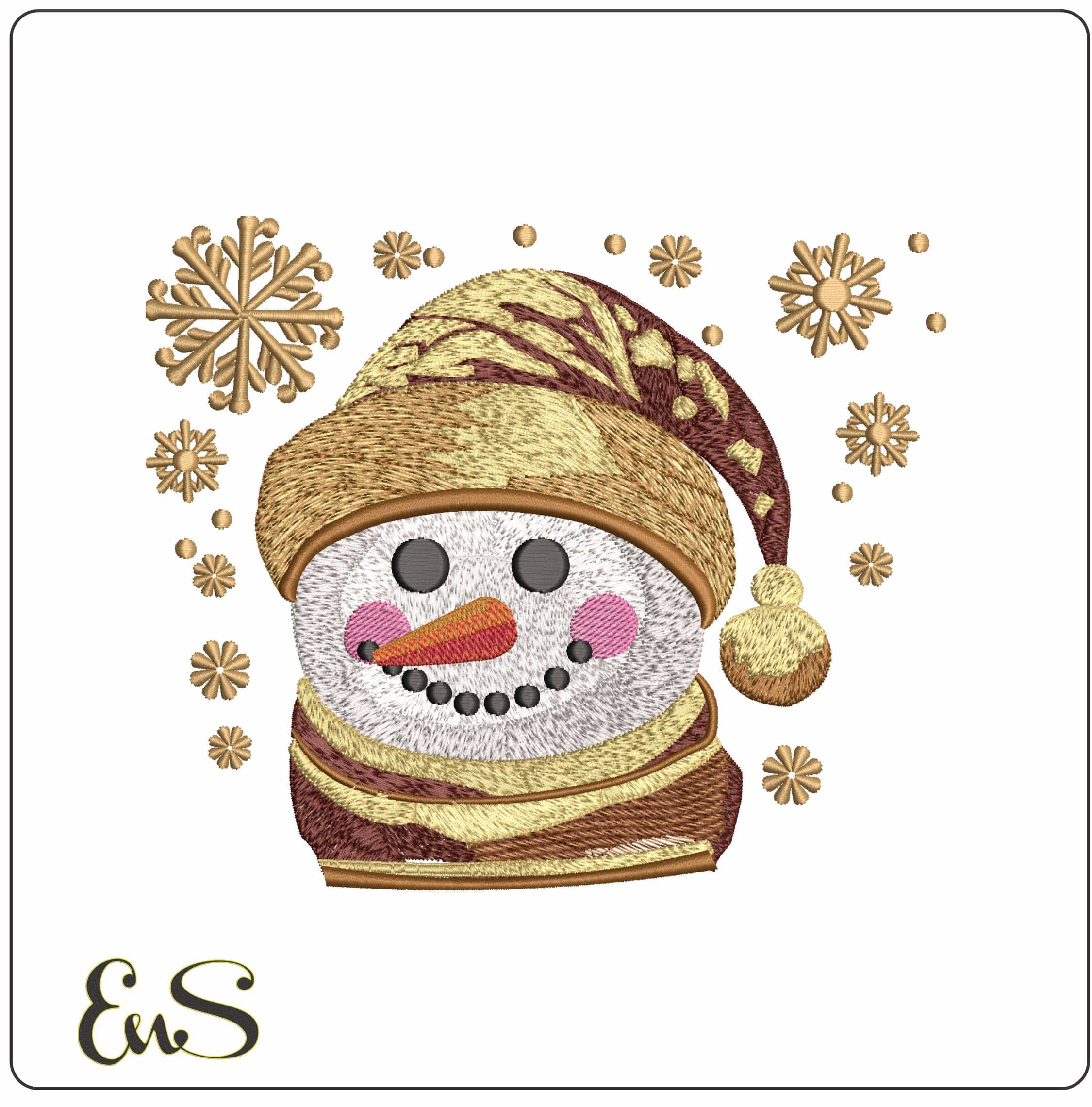 Golden Snowman Head with Snow Flakes - Elegant embroidery design file - instant download