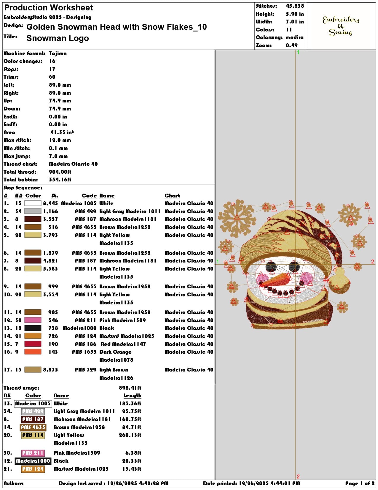 Golden Snowman Head with Snow Flakes - Elegant embroidery design file - instant download — view 3