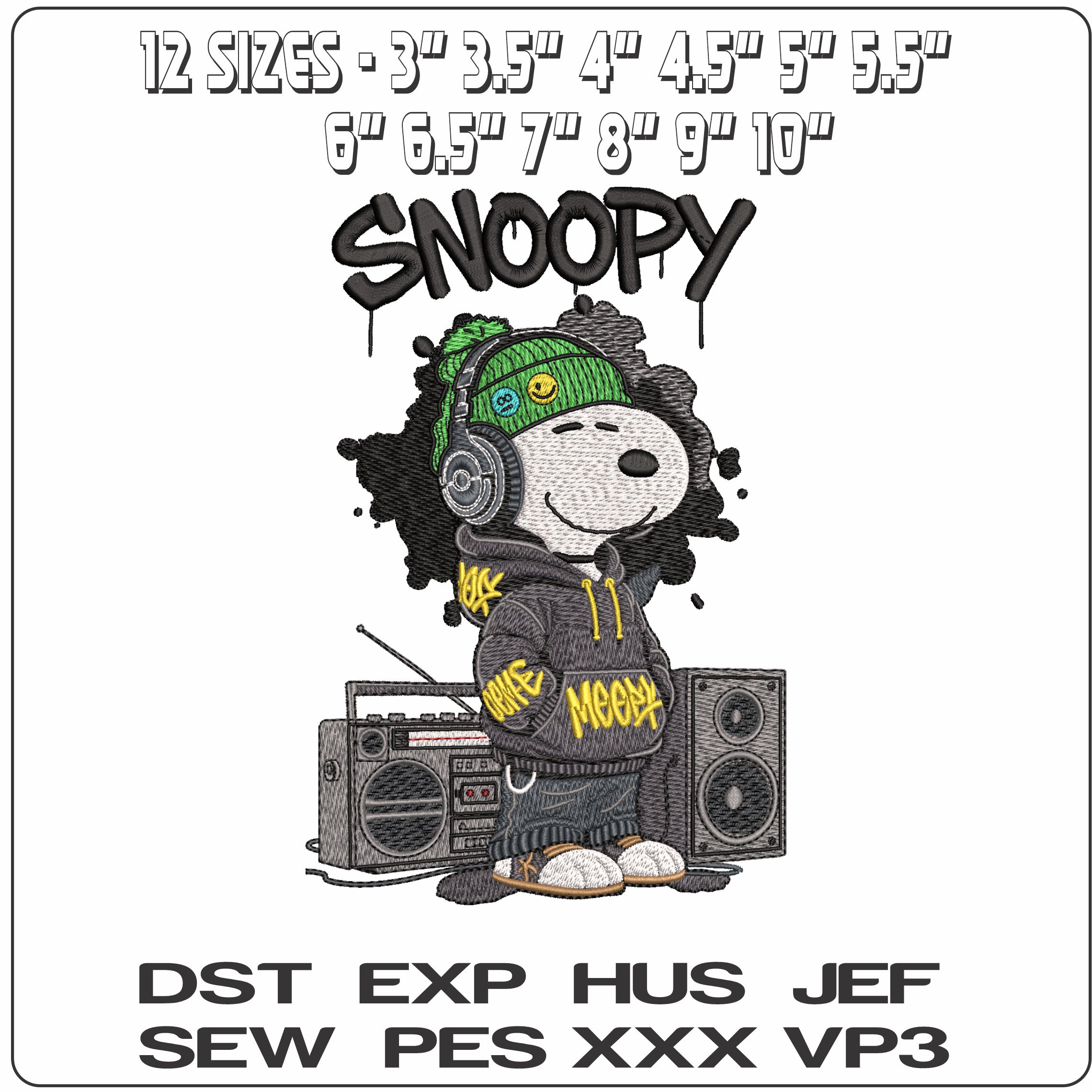 Guetto Snoopy with Boom Box - Elegant embroidery design file - instant download — view 2