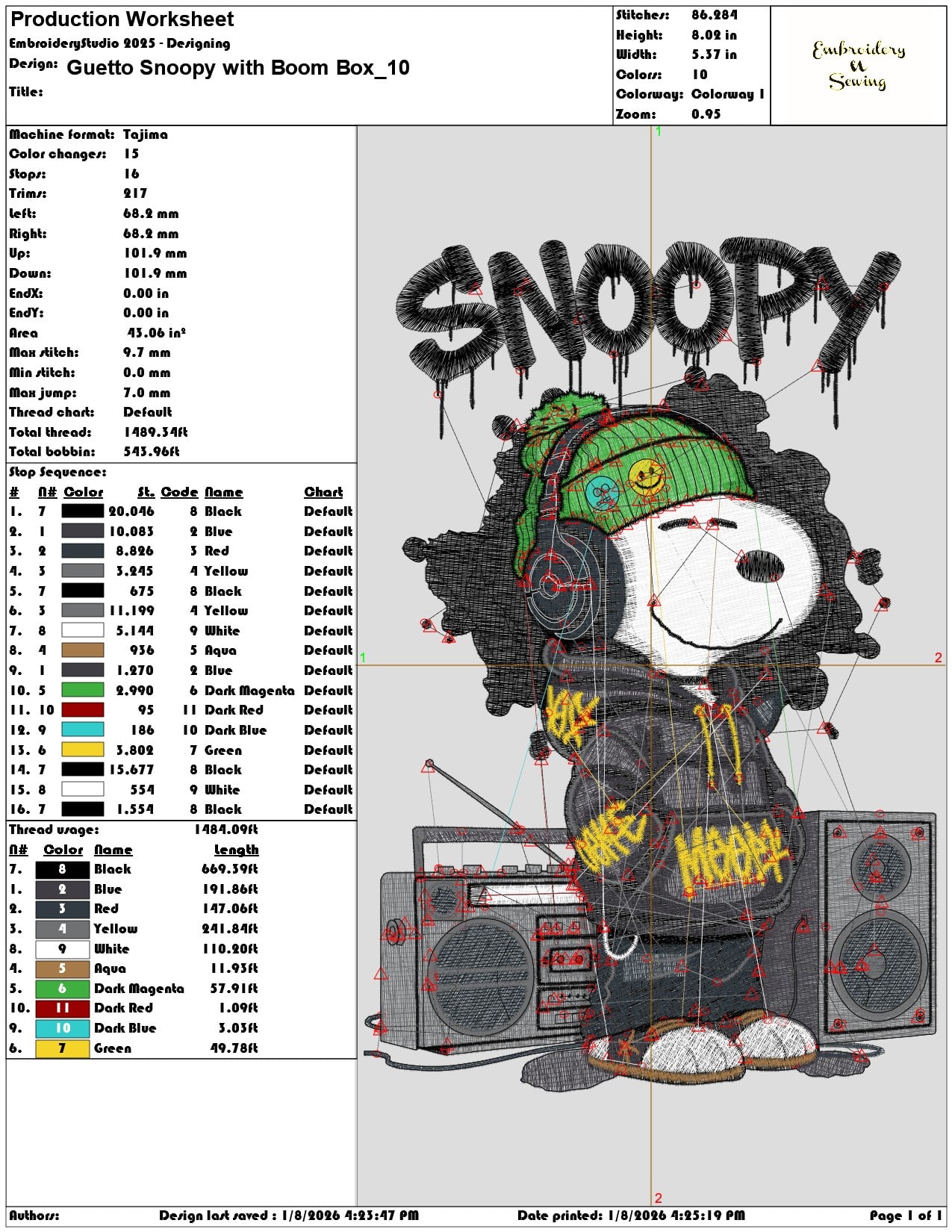 Guetto Snoopy with Boom Box - Elegant embroidery design file - instant download — view 3