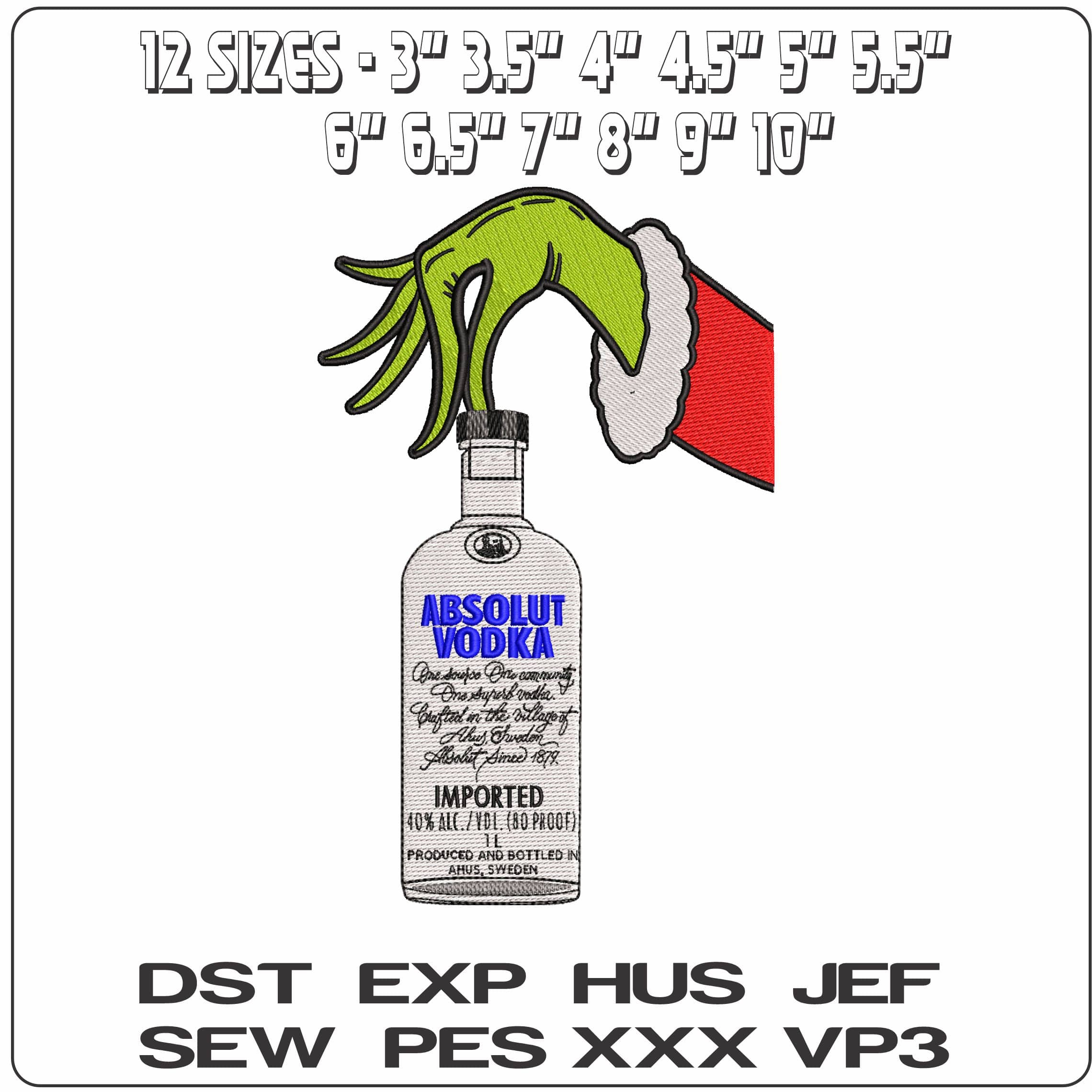 Grinch Hand with Absoult Vodka - Elegant embroidery design file - instant download — view 2