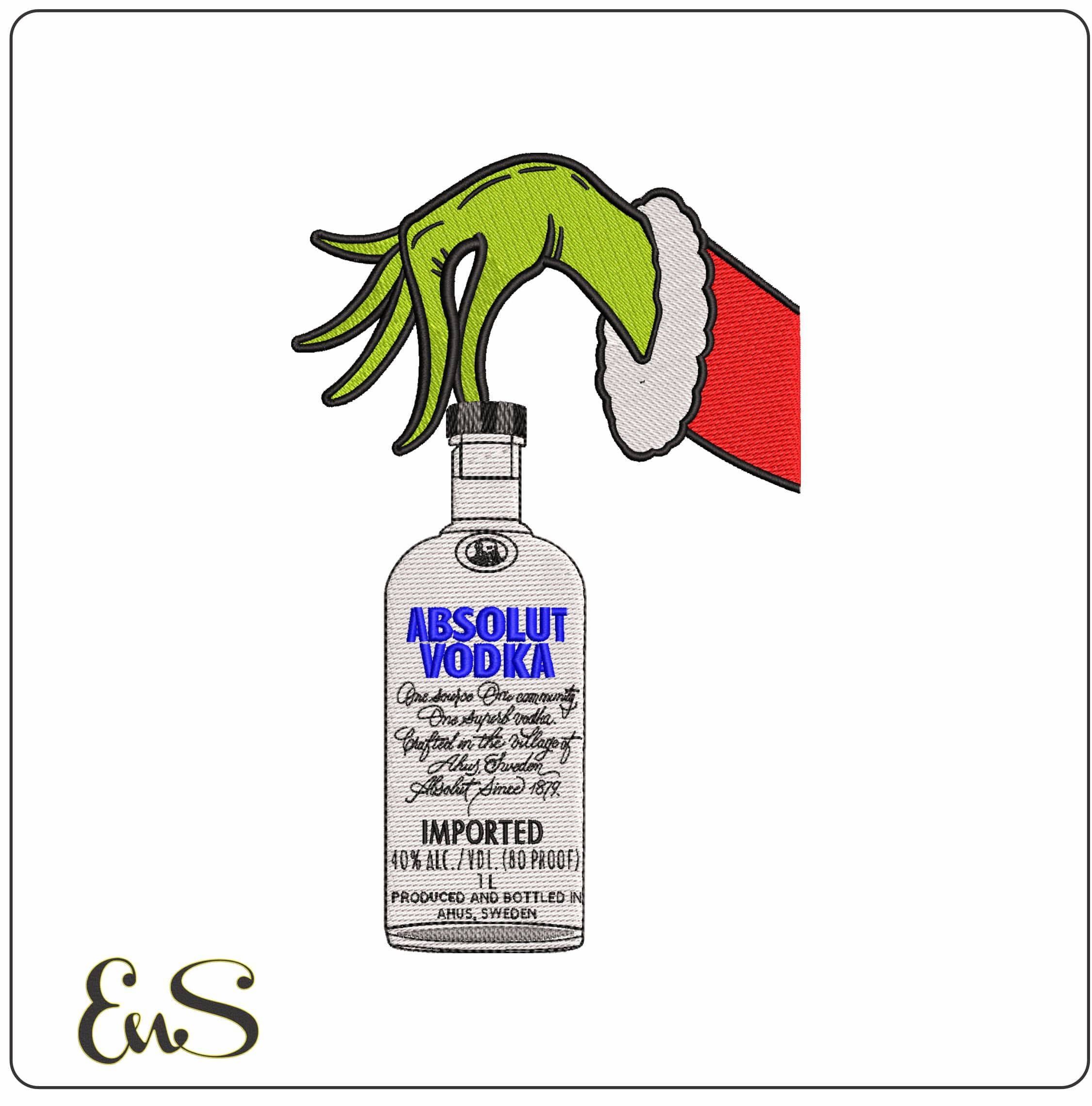 Grinch Hand with Absoult Vodka - Elegant embroidery design file - instant download