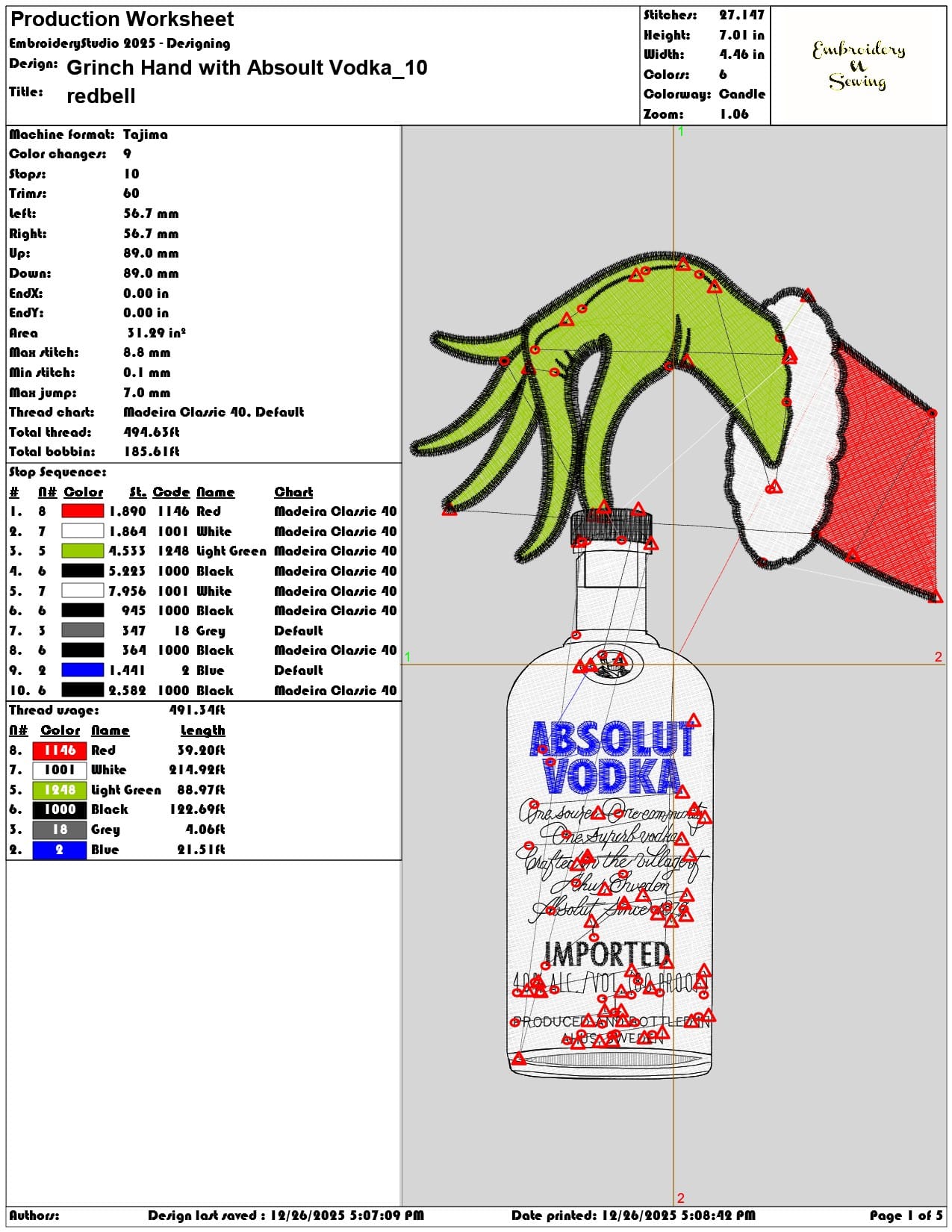 Grinch Hand with Absoult Vodka - Elegant embroidery design file - instant download — view 3