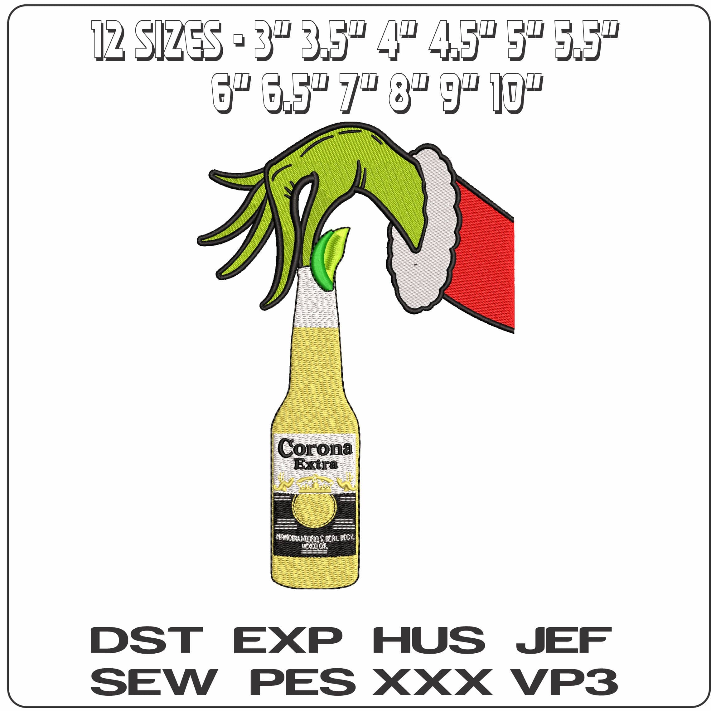 Grinch Hand with Corona and Lime - Elegant embroidery design file - instant download — view 2