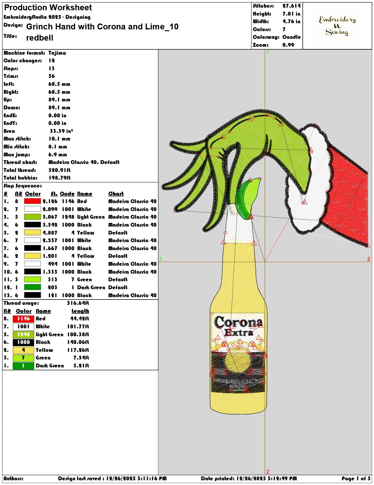Grinch Hand with Corona and Lime - Elegant embroidery design file - instant download — view 3