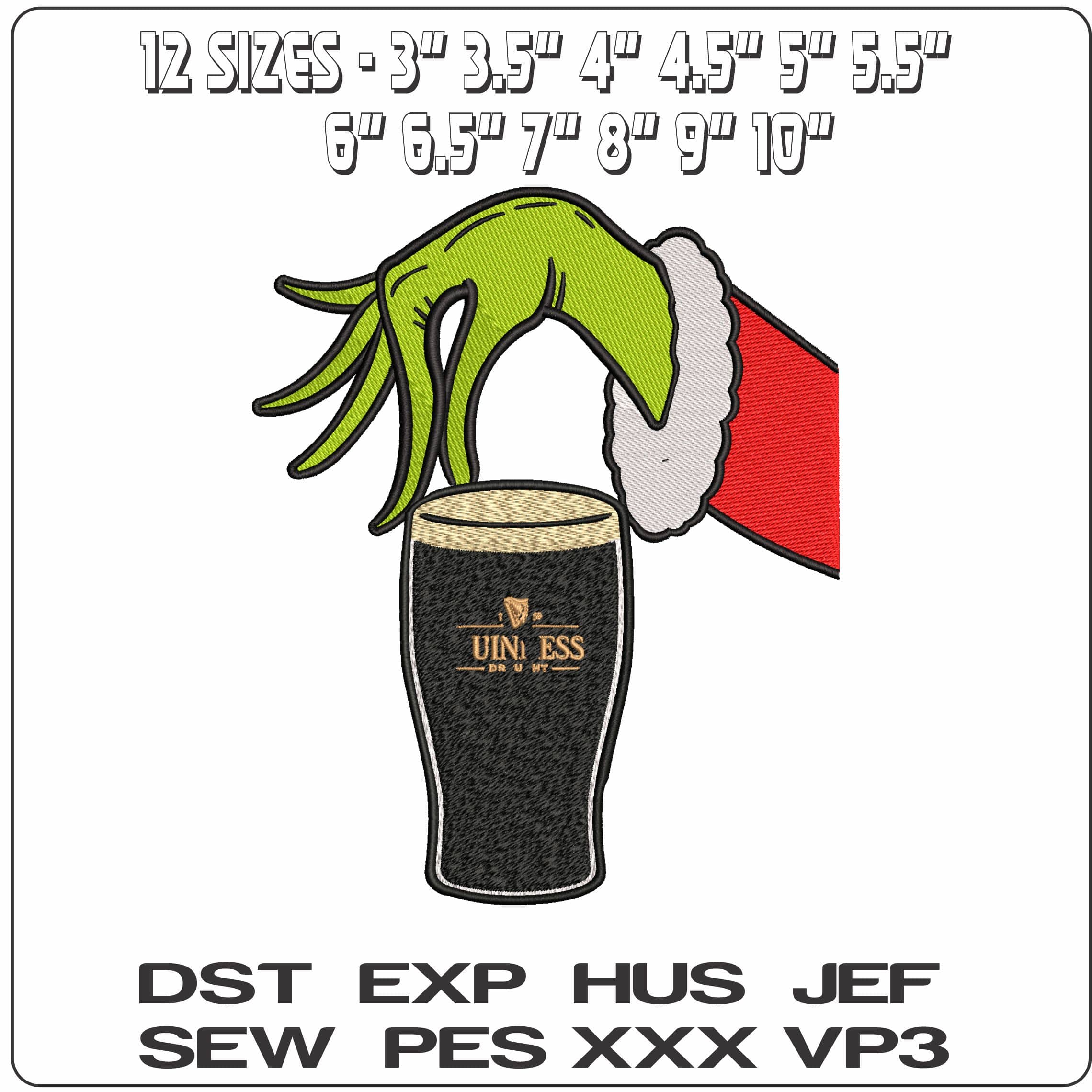 Grinch Hand with Pint Guinness - Elegant embroidery design file - instant download — view 2