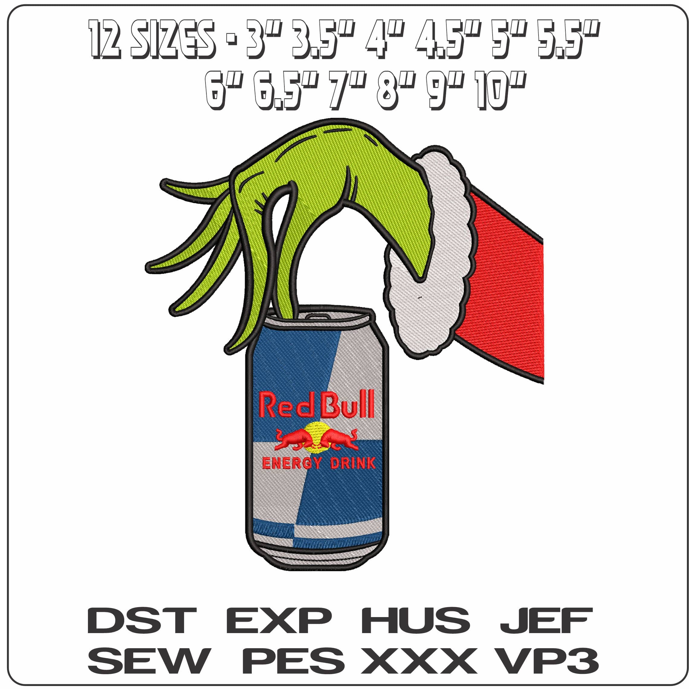 Grinch Hand with Redbull - Elegant embroidery design file - instant download — view 2