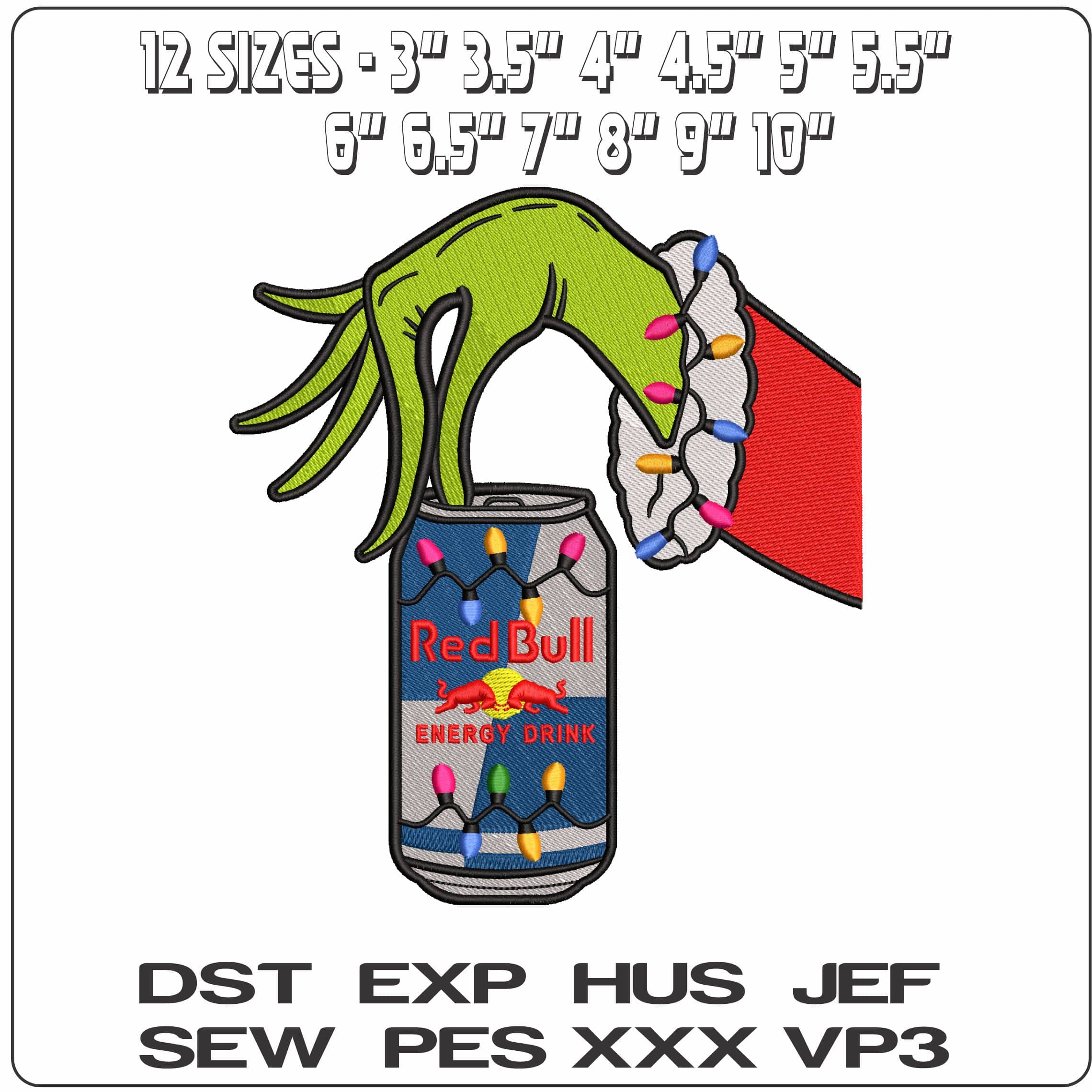 Grinch Hand with Redbull and Xmas Lights - Elegant embroidery design file - instant download — view 2