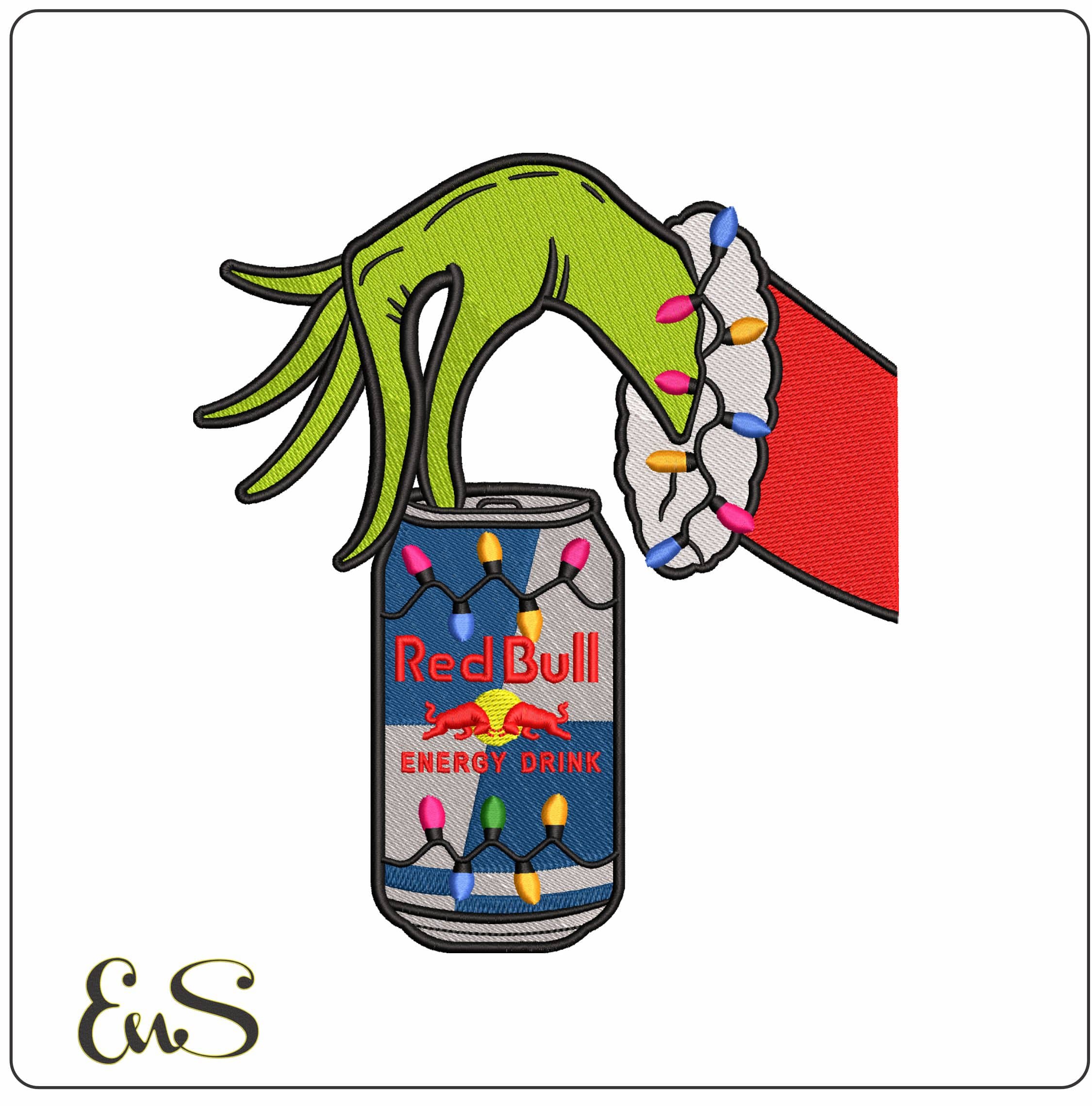 Grinch Hand with Redbull and Xmas Lights - Elegant embroidery design file - instant download