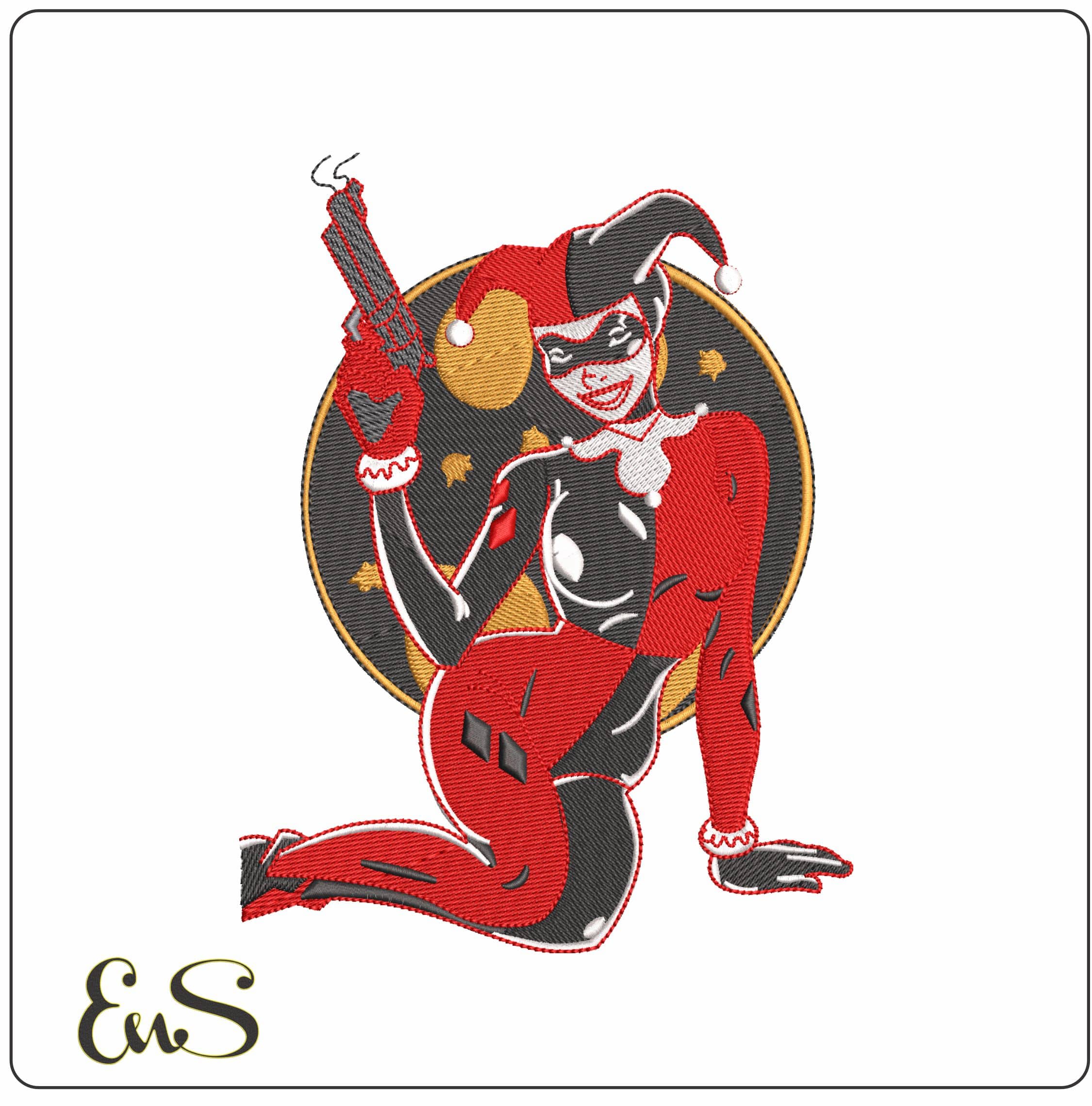 Harley Quinn posing with Gun - Elegant embroidery design file - instant download