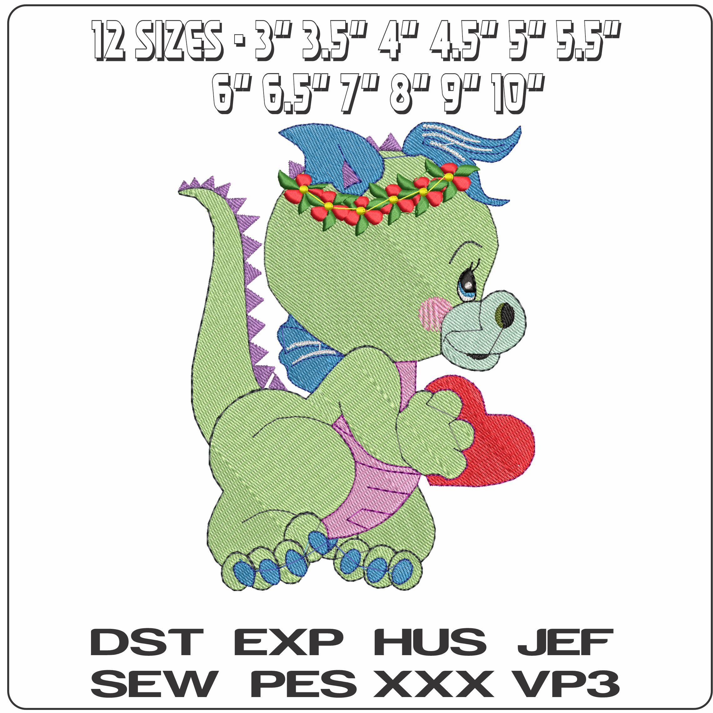 Hearts & Flowers Dino 2 - Elegant embroidery design file - instant download — view 2