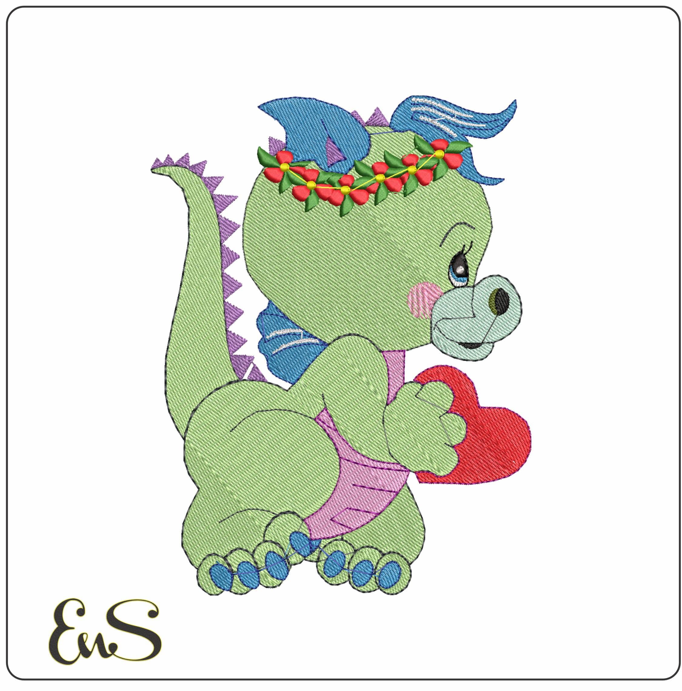 Hearts & Flowers Dino 2 - Elegant embroidery design file - instant download