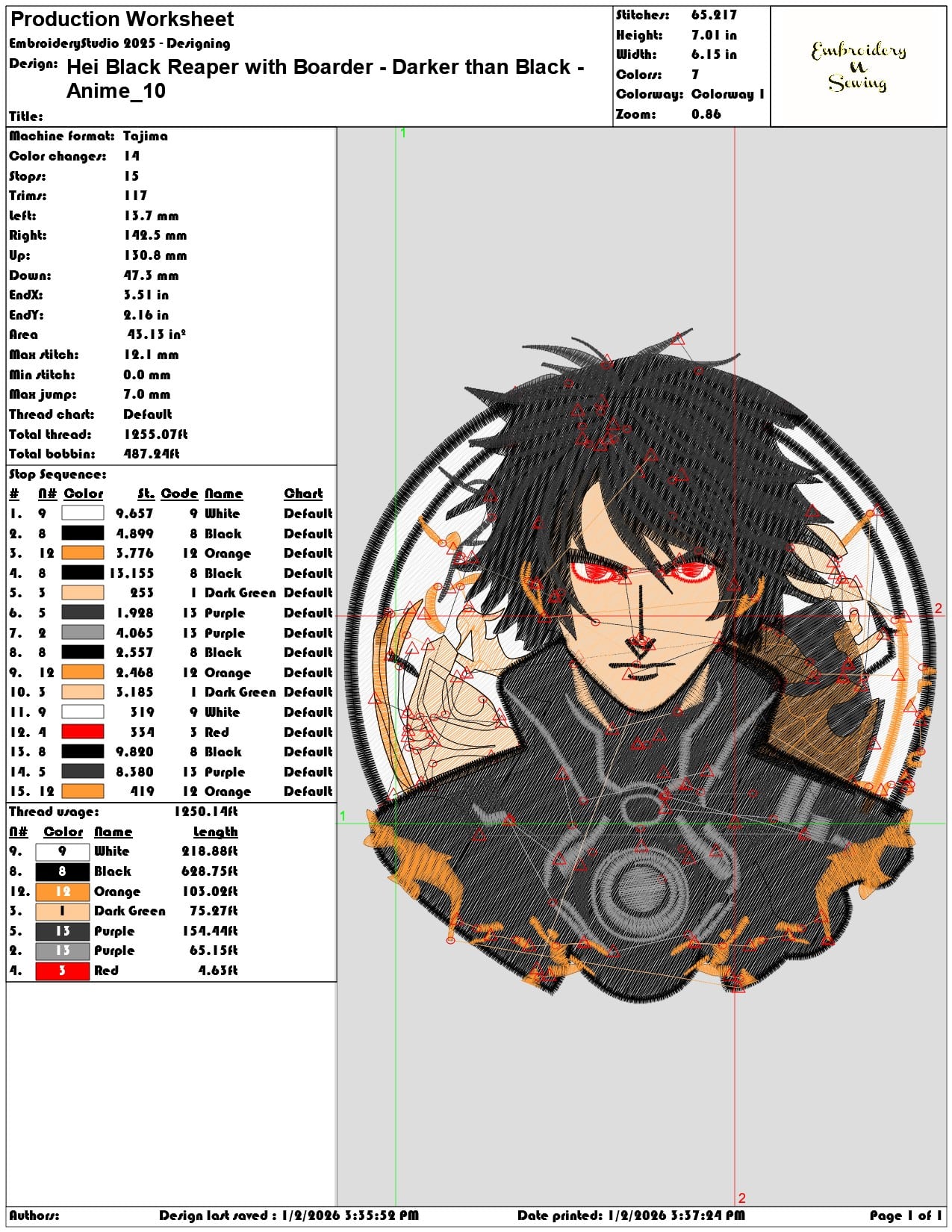 Hei Black Reaper with Boarder Darker than Black Anime - Elegant embroidery design file - instant download — view 3