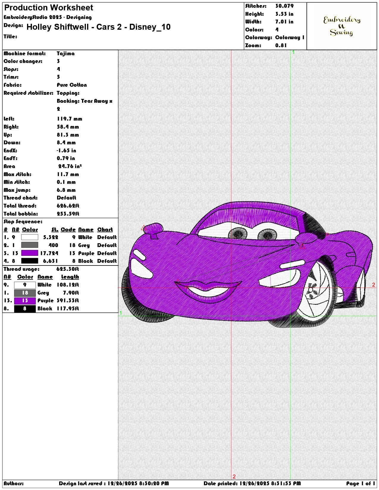 Holley Shiftwell Cars 2 Disney - Elegant embroidery design file - instant download — view 3