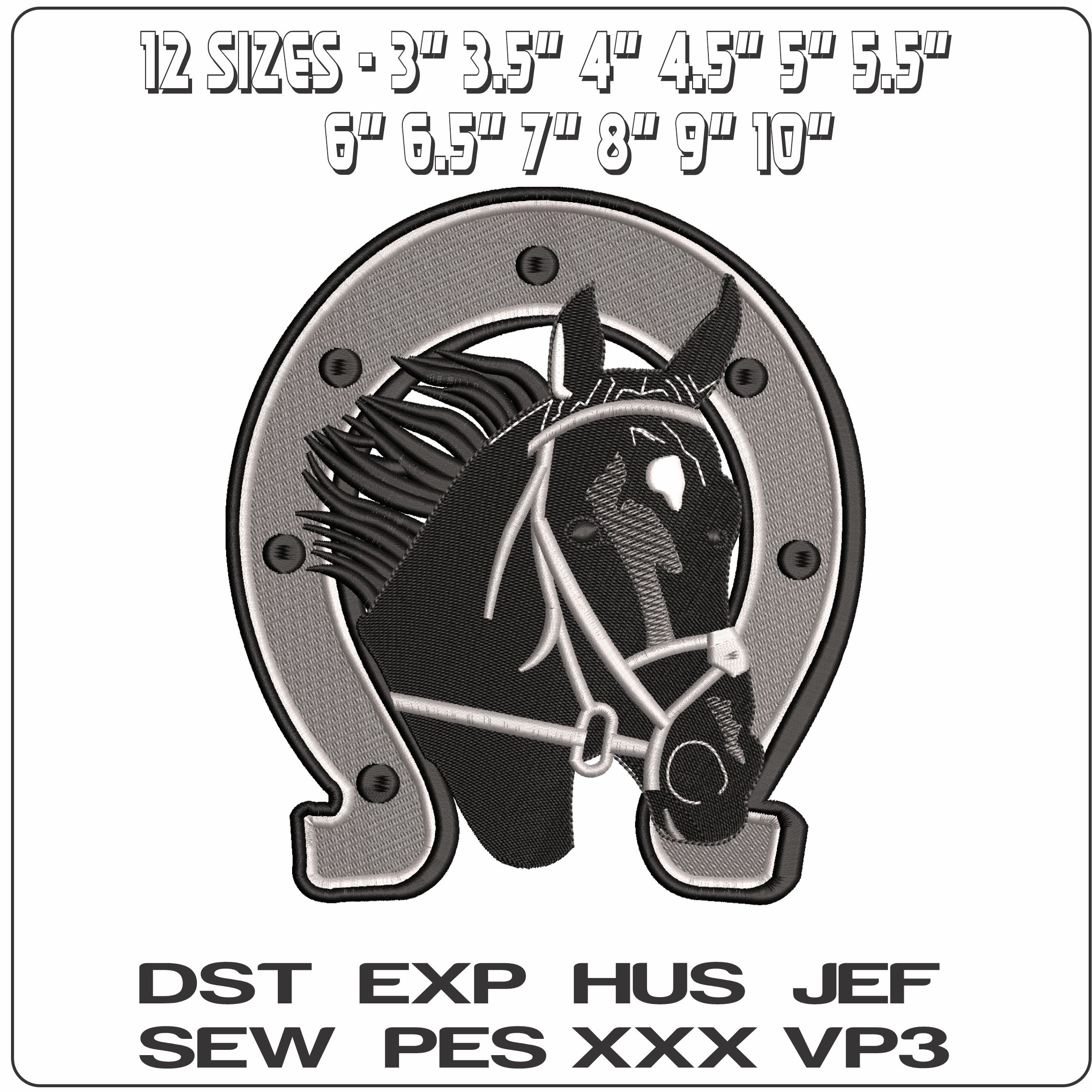 Horses Head in Horse Shoe - Elegant embroidery design file - instant download — view 2