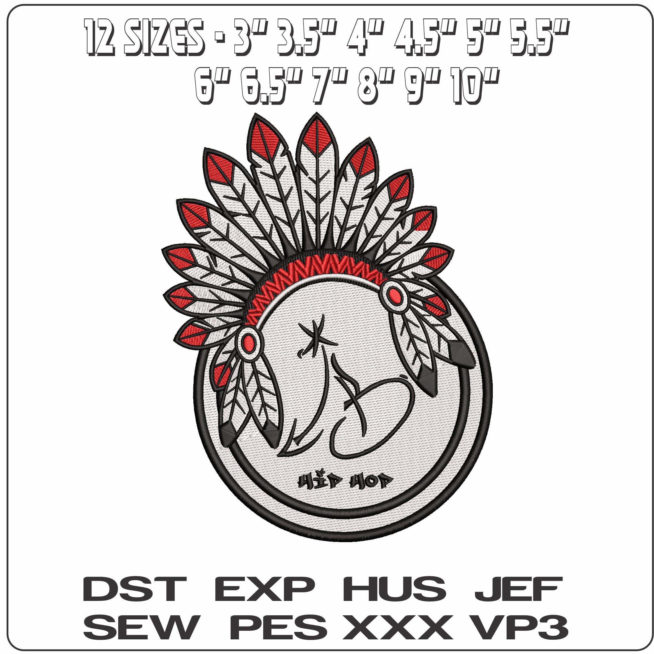 Indian Headdress With Hip Hop - Elegant embroidery design file - instant download — view 2