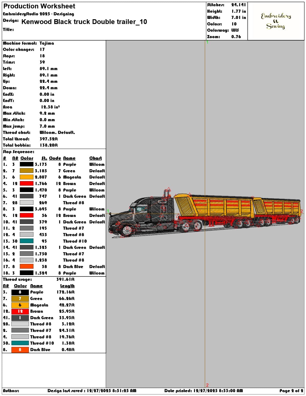 Kenwood Black truck Double trailer - Elegant embroidery design file - instant download — view 4