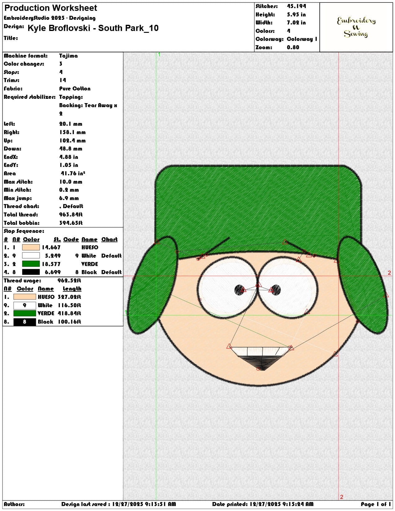 Kyle Broflovski South Park  - Elegant embroidery design file - instant download — view 3