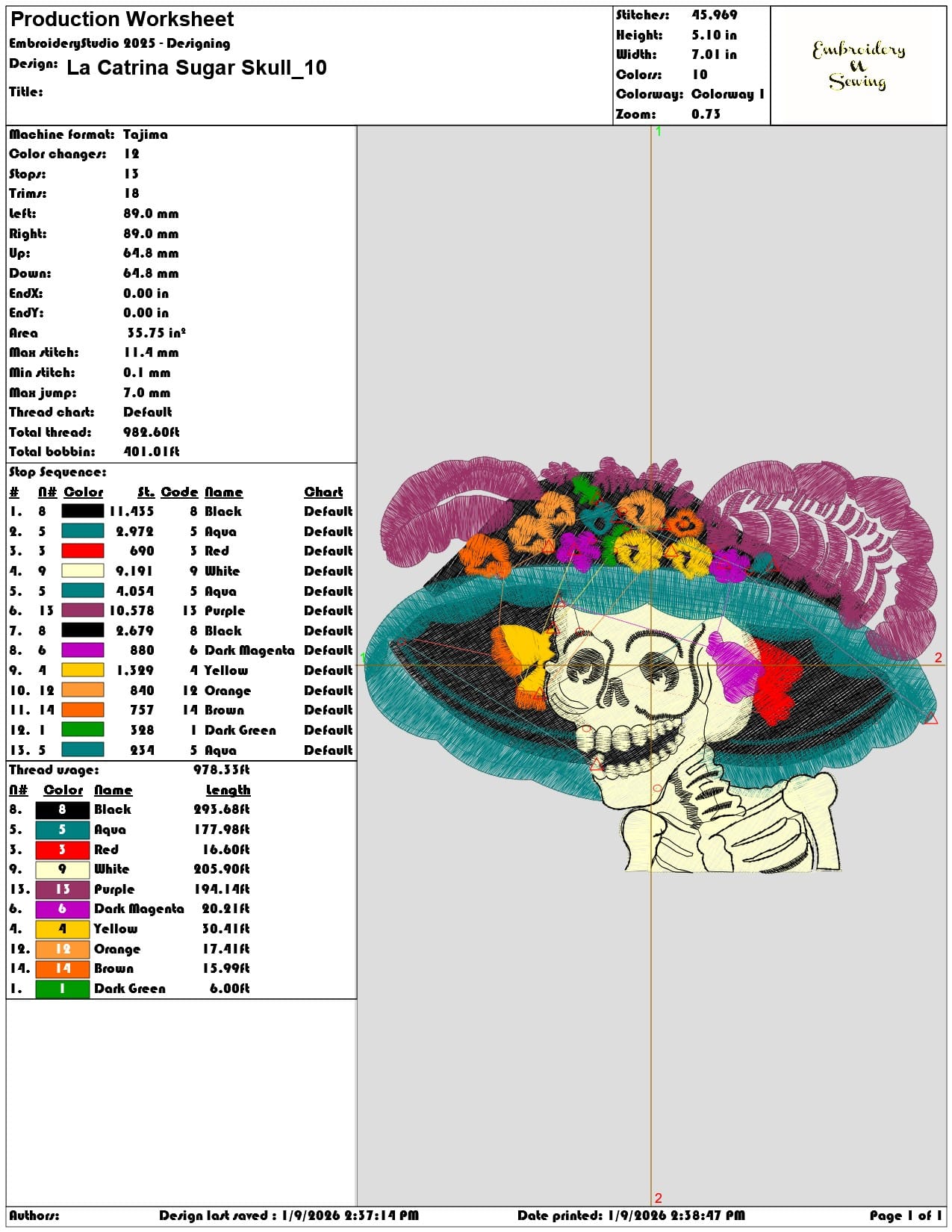 La Catrina Sugar Skull  - Elegant embroidery design file - instant download — view 3