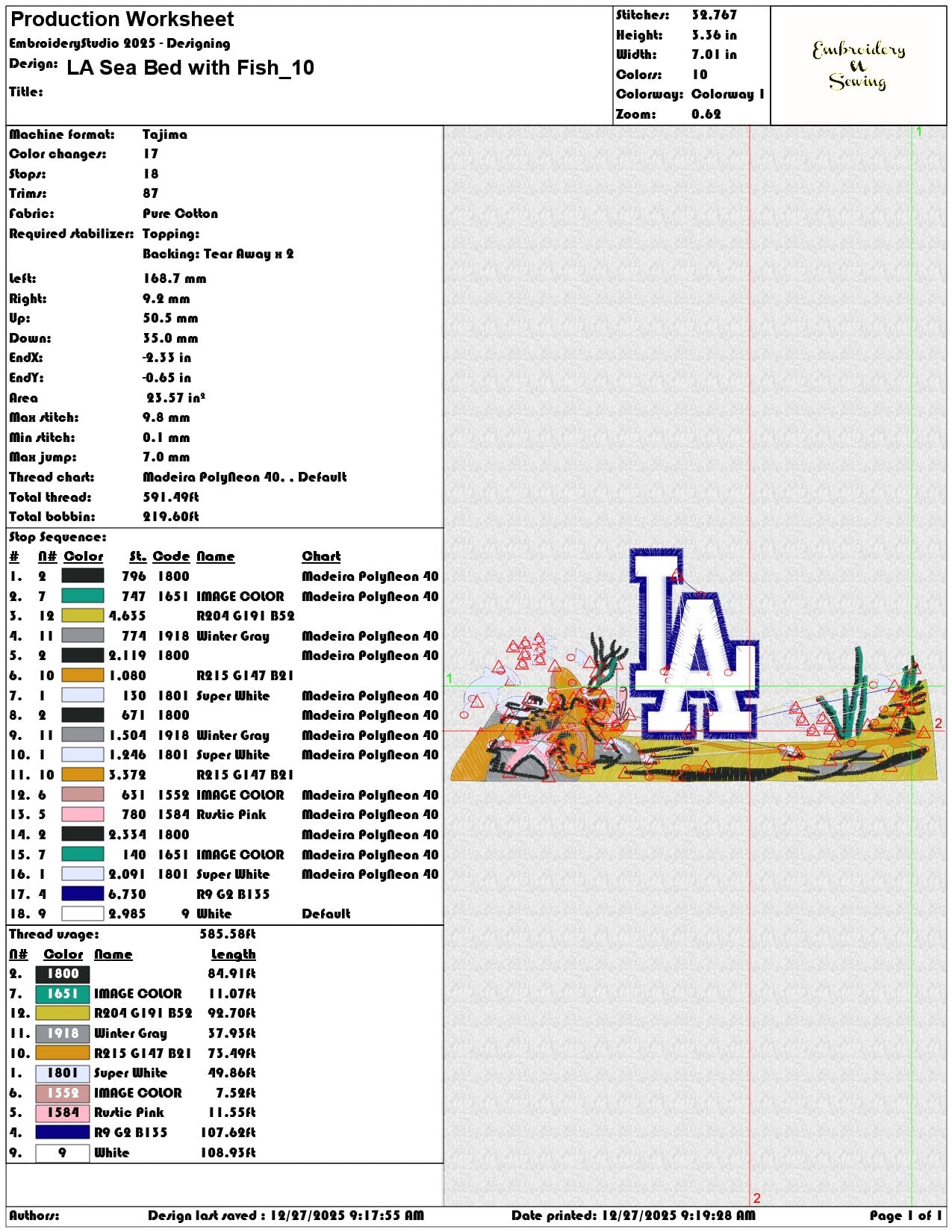 LA Sea Bed with Fish  - Elegant embroidery design file - instant download — view 3