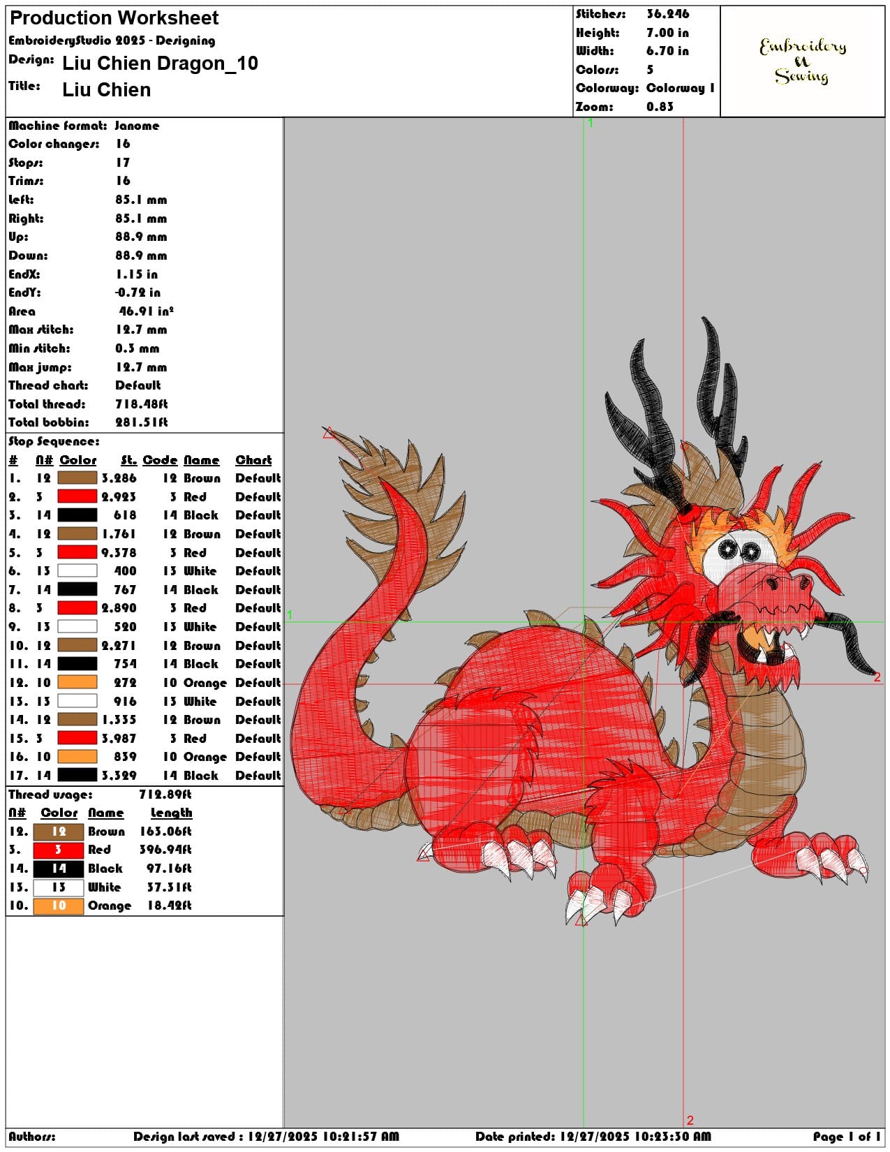 Liu Chien Dragon  - Elegant embroidery design file - instant download — view 3