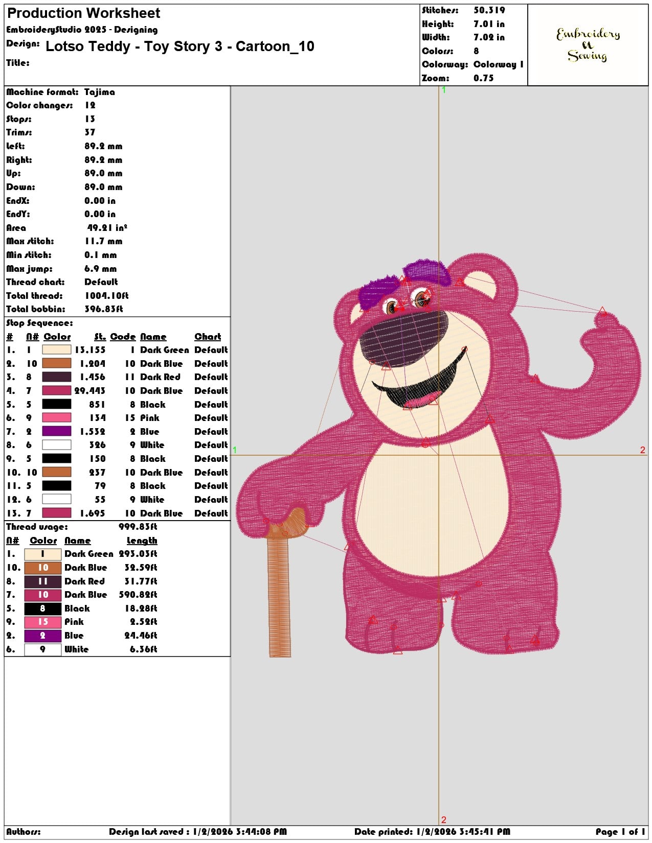 Lotso Teddy Toy Story 3 Cartoon  - Elegant embroidery design file - instant download — view 3